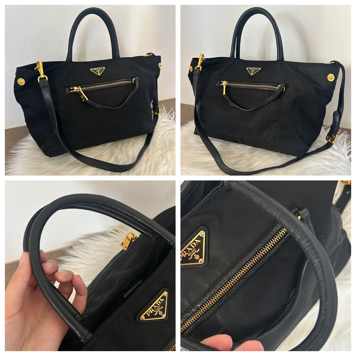 Prada tote nera in nylon e pelle