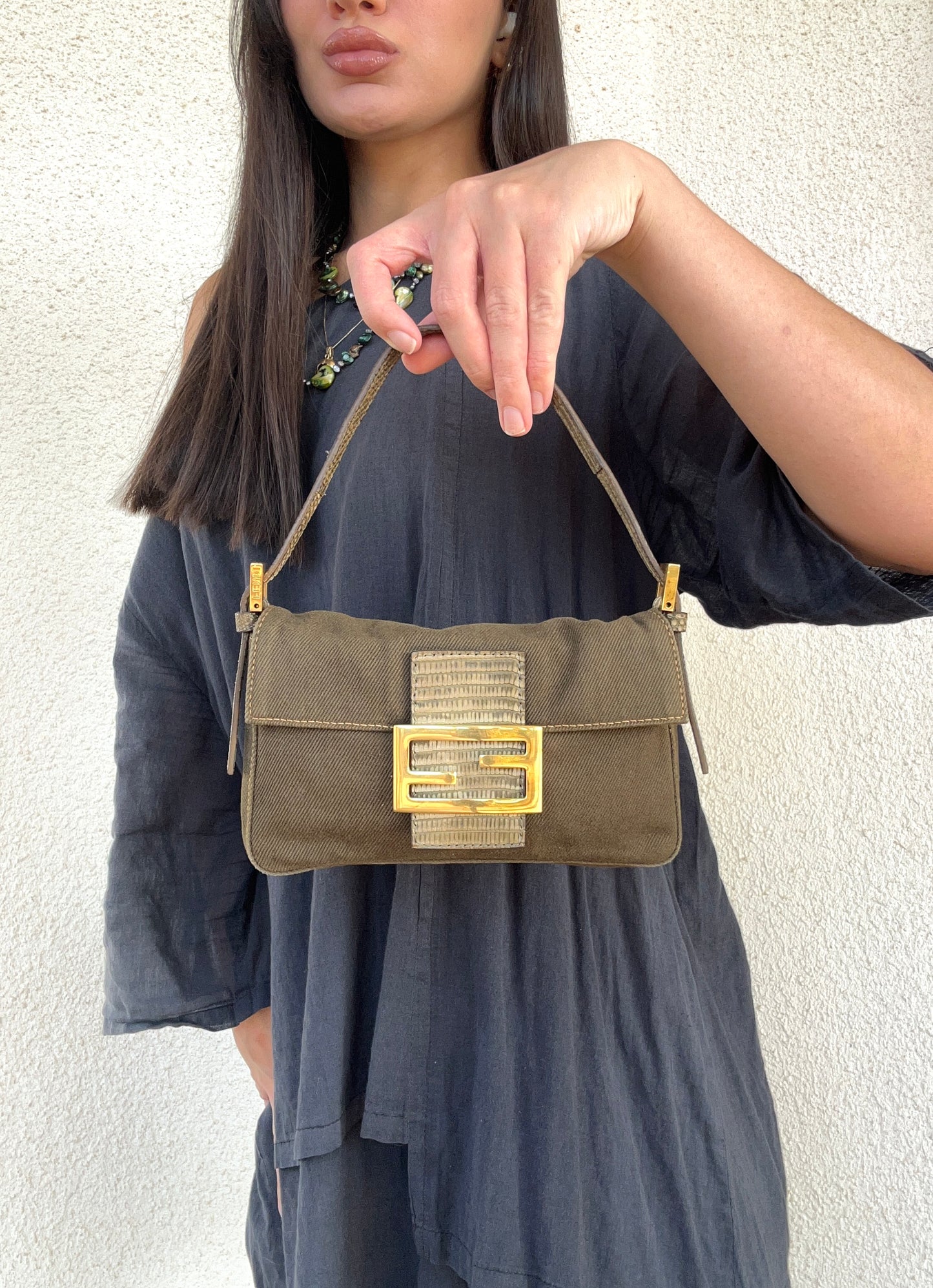Fendi mini baguette verde oliva in pelle di pitone - Pezzo unico