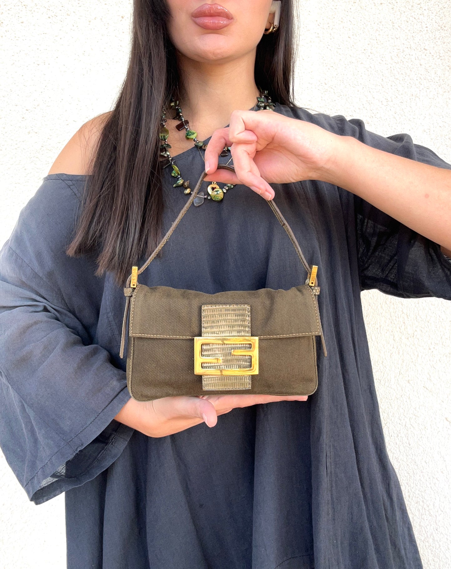 Fendi mini baguette verde oliva in pelle di pitone - Pezzo unico