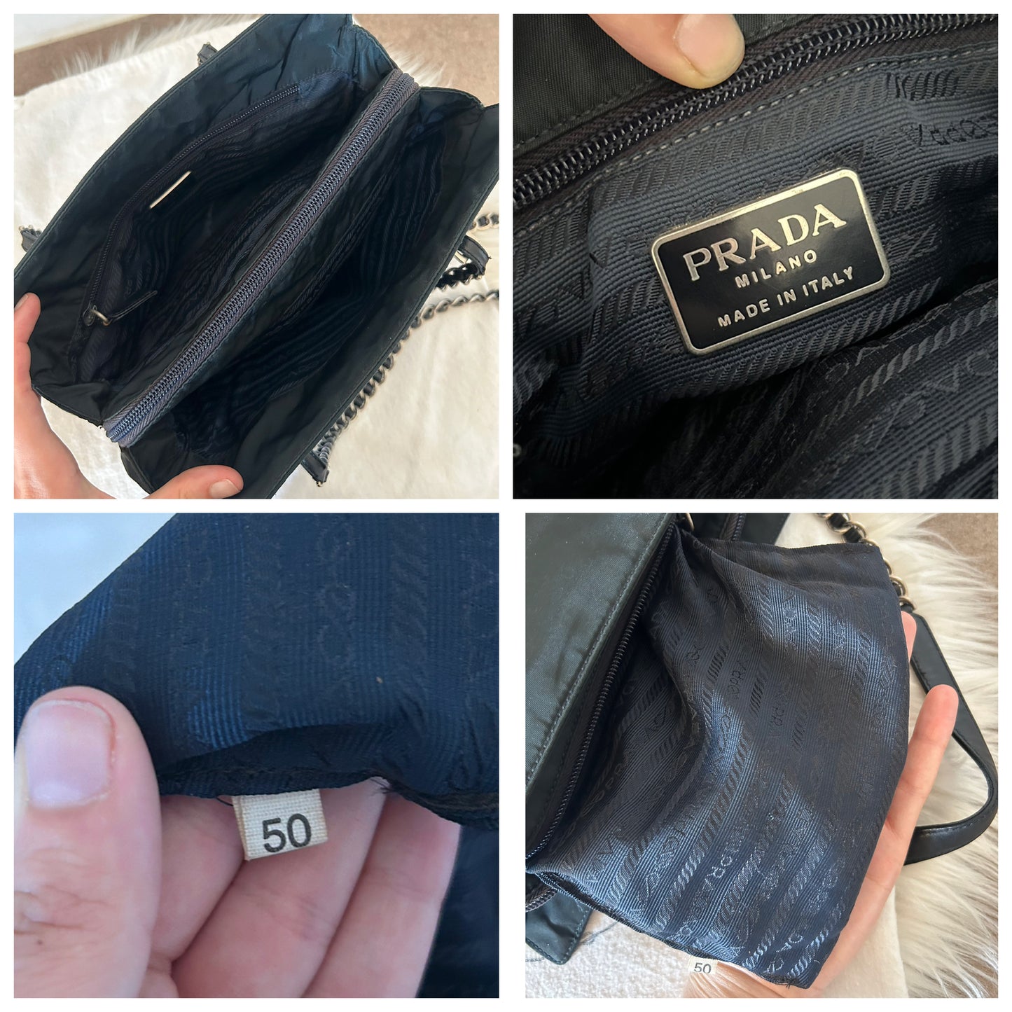 Prada tote con catene in nylon blu scuro