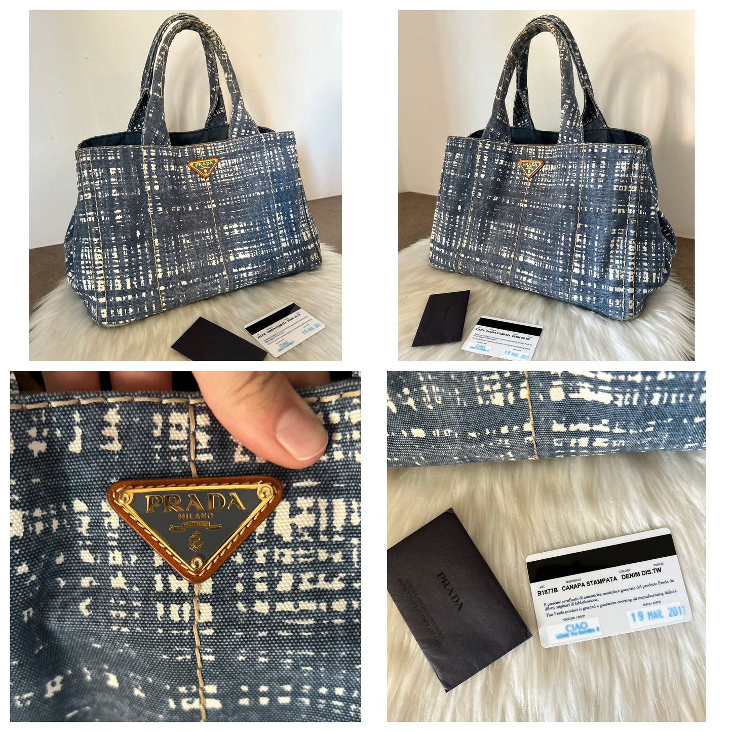 Prada tote in canapa stampata con cartellini