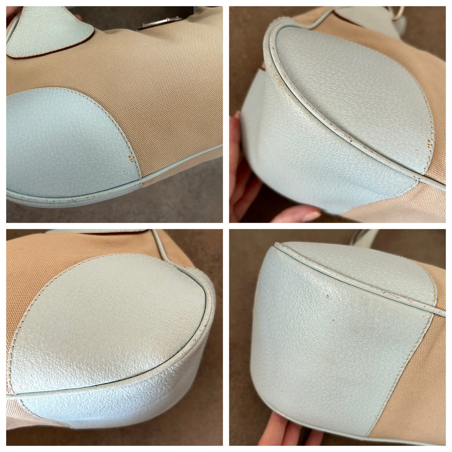 Prada Moon in tela beige e angoli e manico in pelle ciano