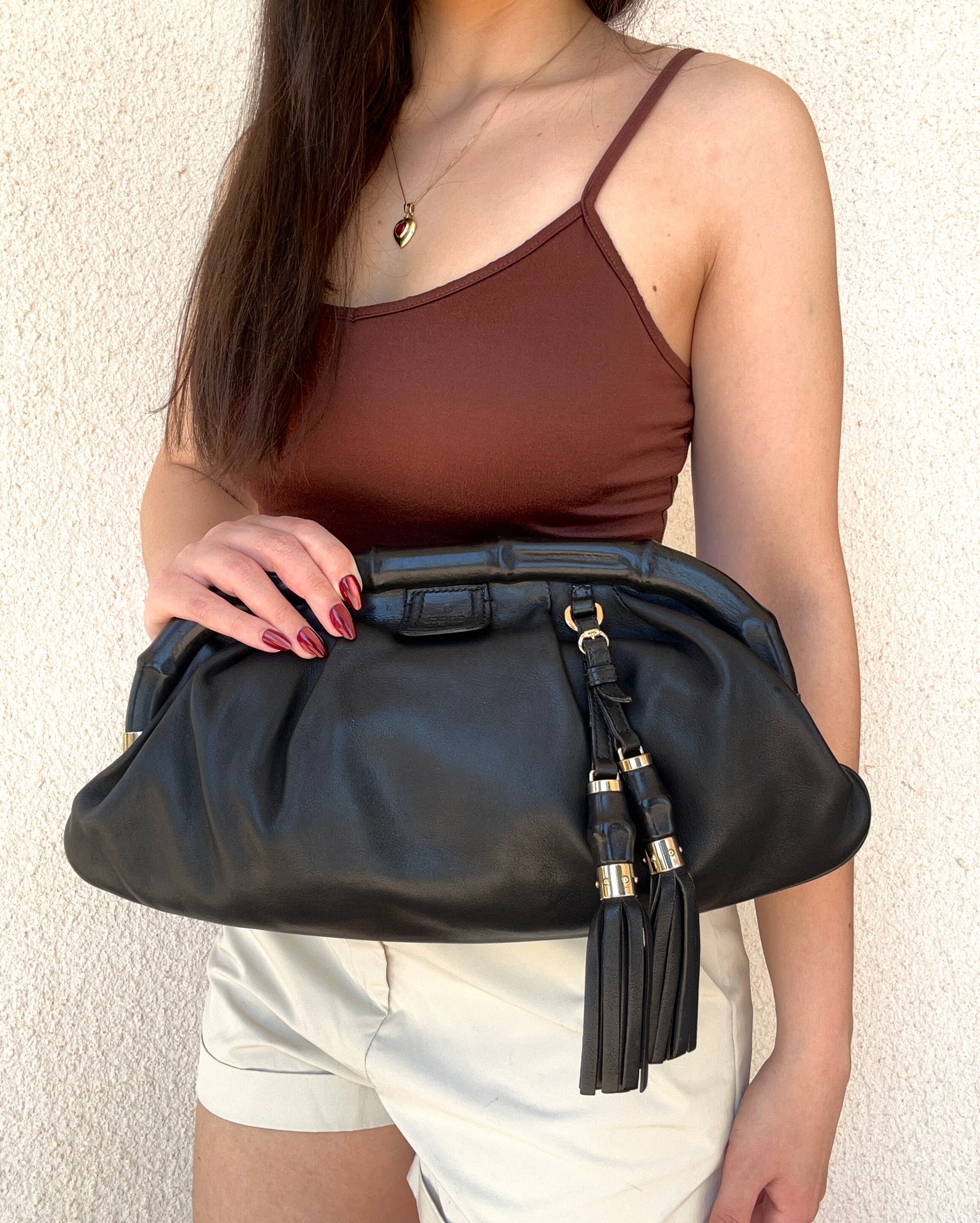 Pochette Gucci Bamboo in pelle nera
