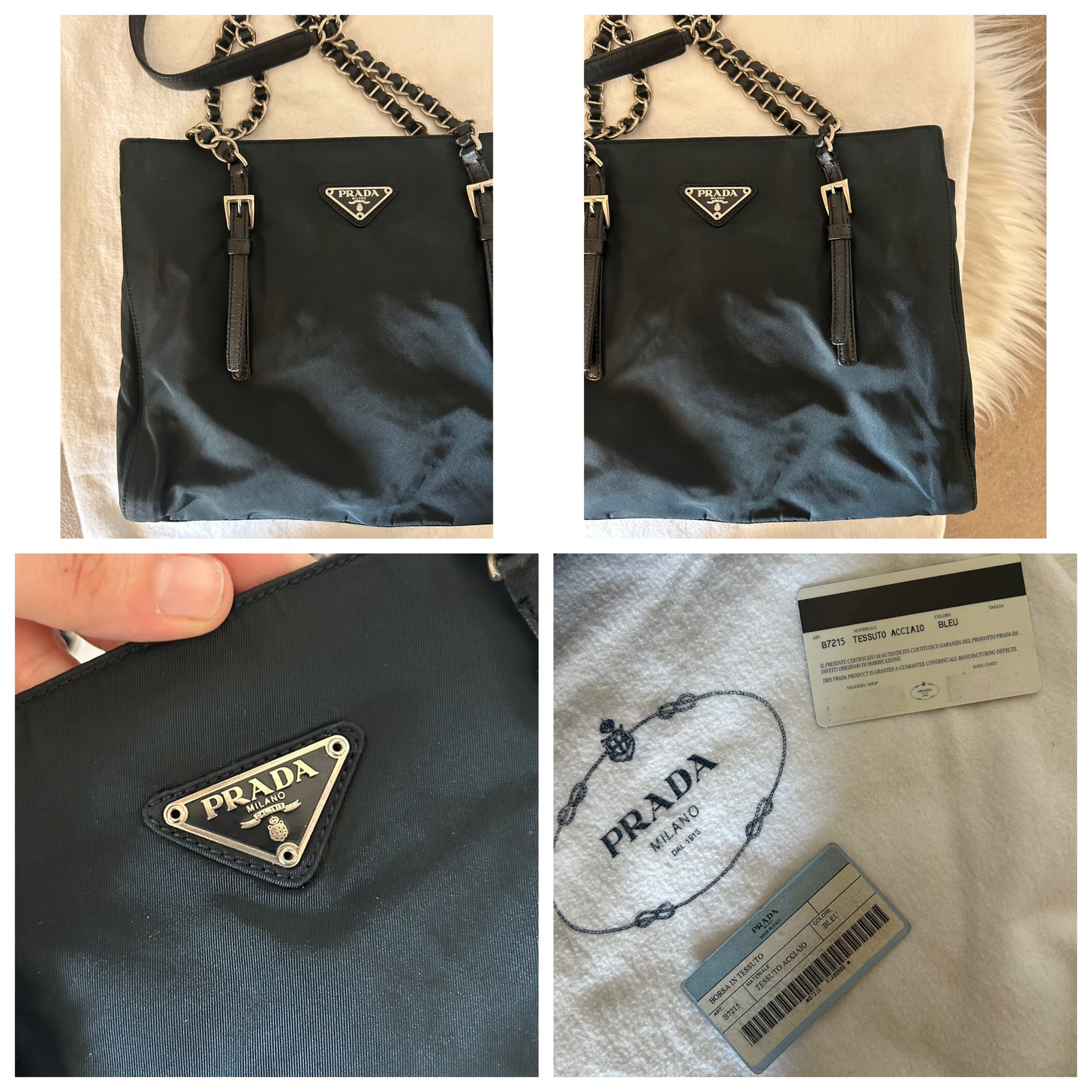 Prada tote con catene in nylon blu scuro