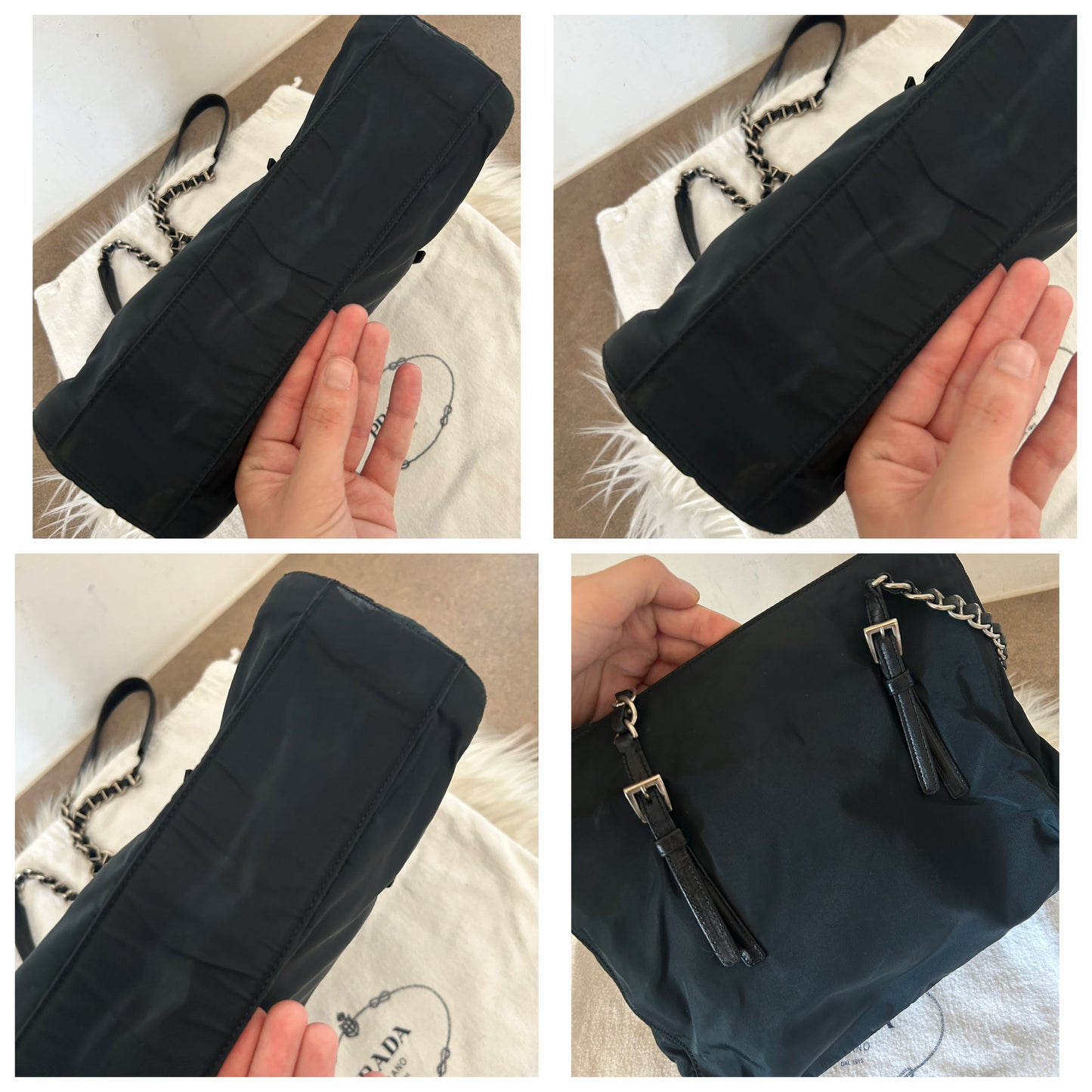 Prada tote con catene in nylon blu scuro