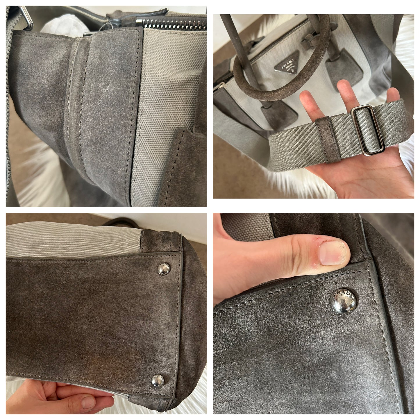 Prada tote bag grigia in tela e camoscio