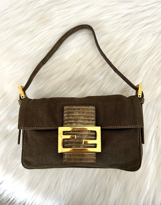 Fendi mini baguette verde oliva in pelle di pitone - Pezzo unico