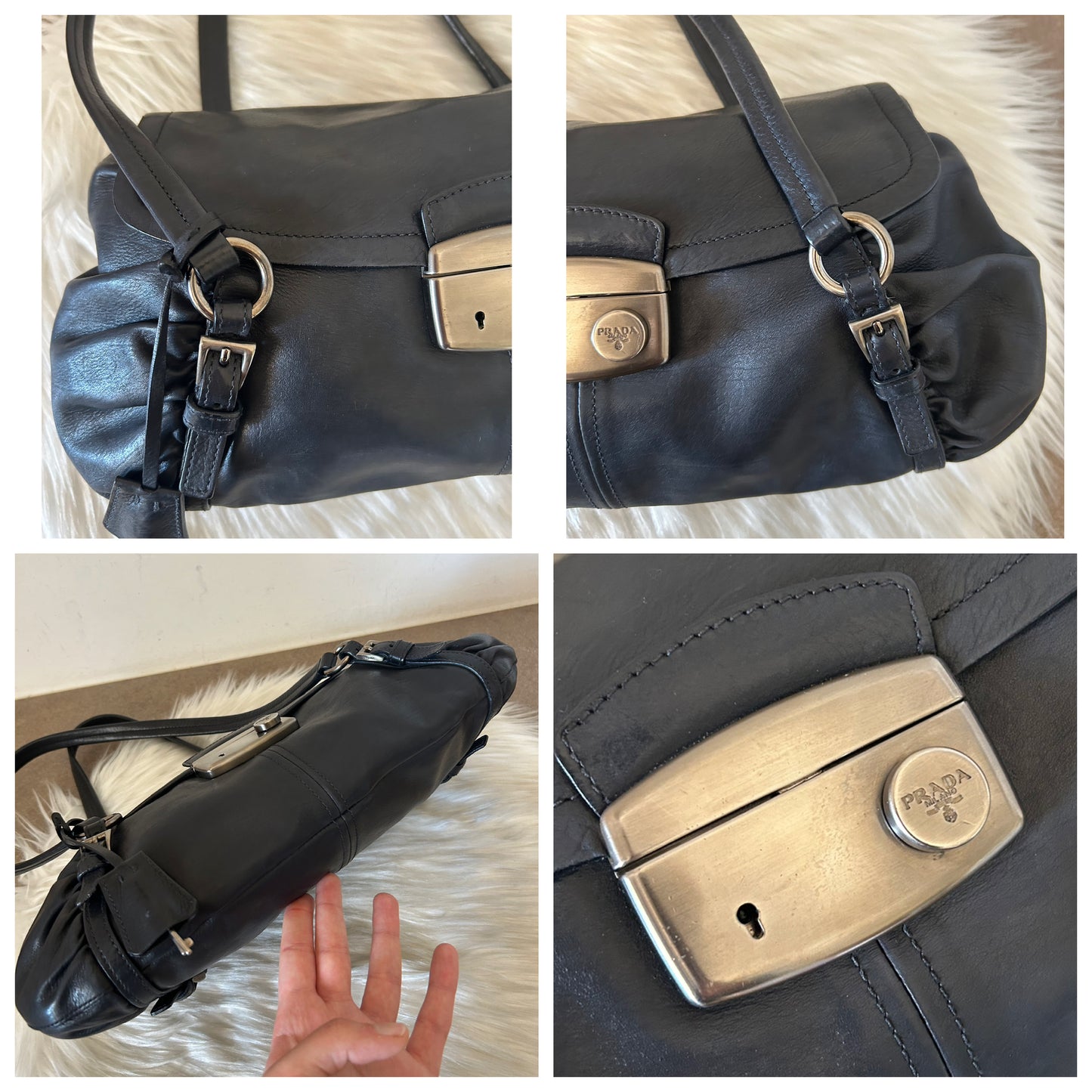 Prada tote in pelle nera di agnello e interni rosa
