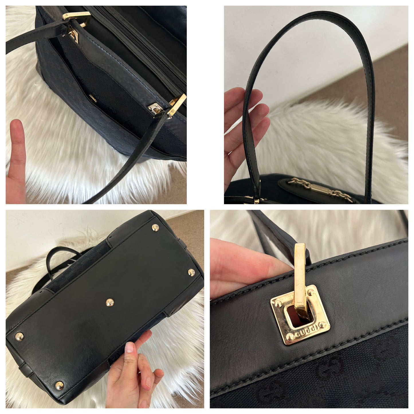 Gucci tote bag in pelle nera e monogram