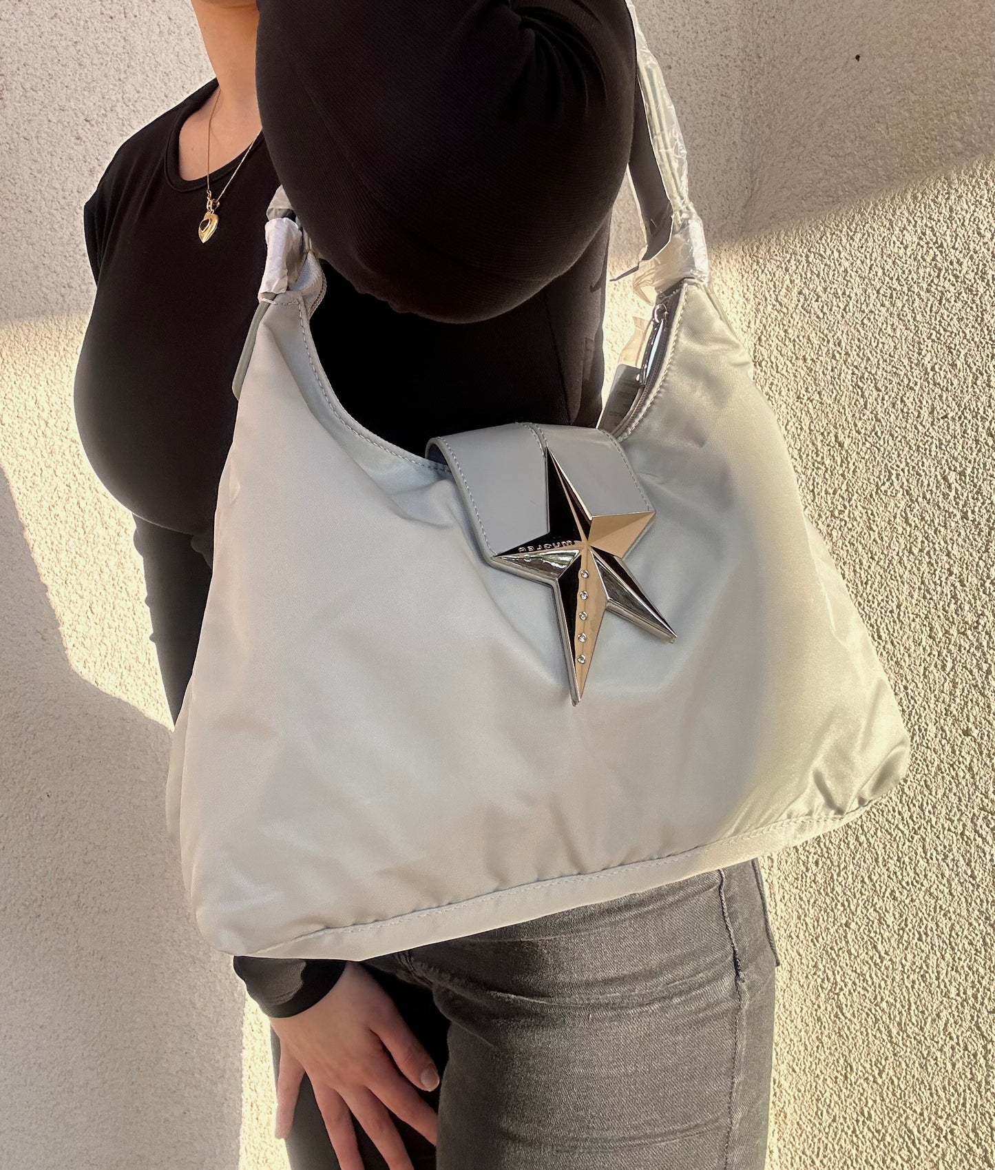 Borsa Thierry Mugler tote bag grigia in nylon nuova con cartellini