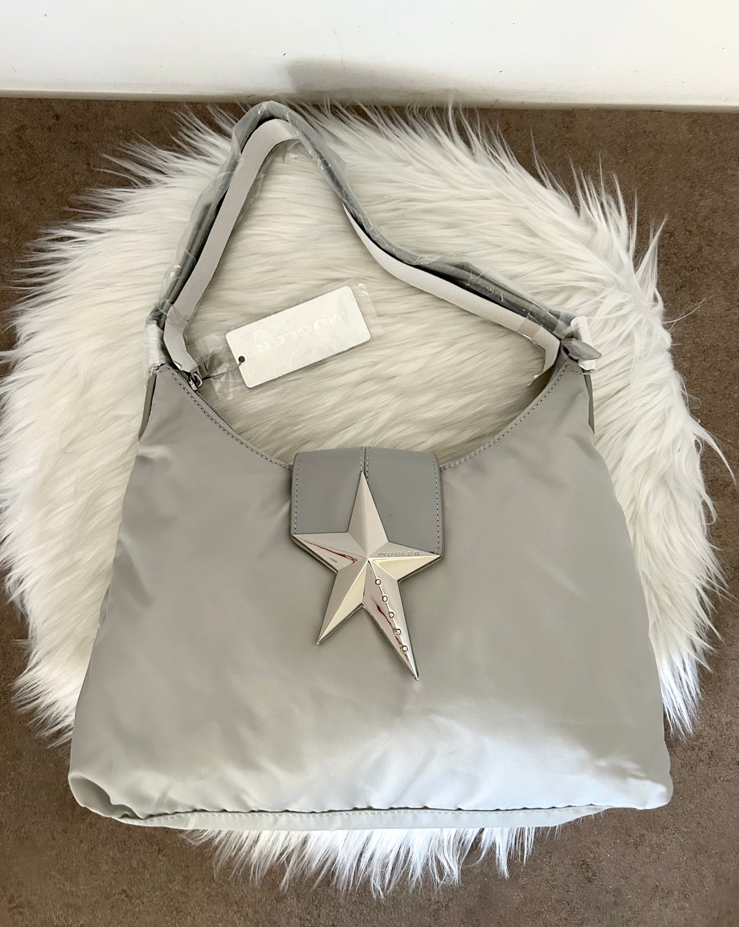 Borsa Thierry Mugler tote bag grigia in nylon nuova con cartellini