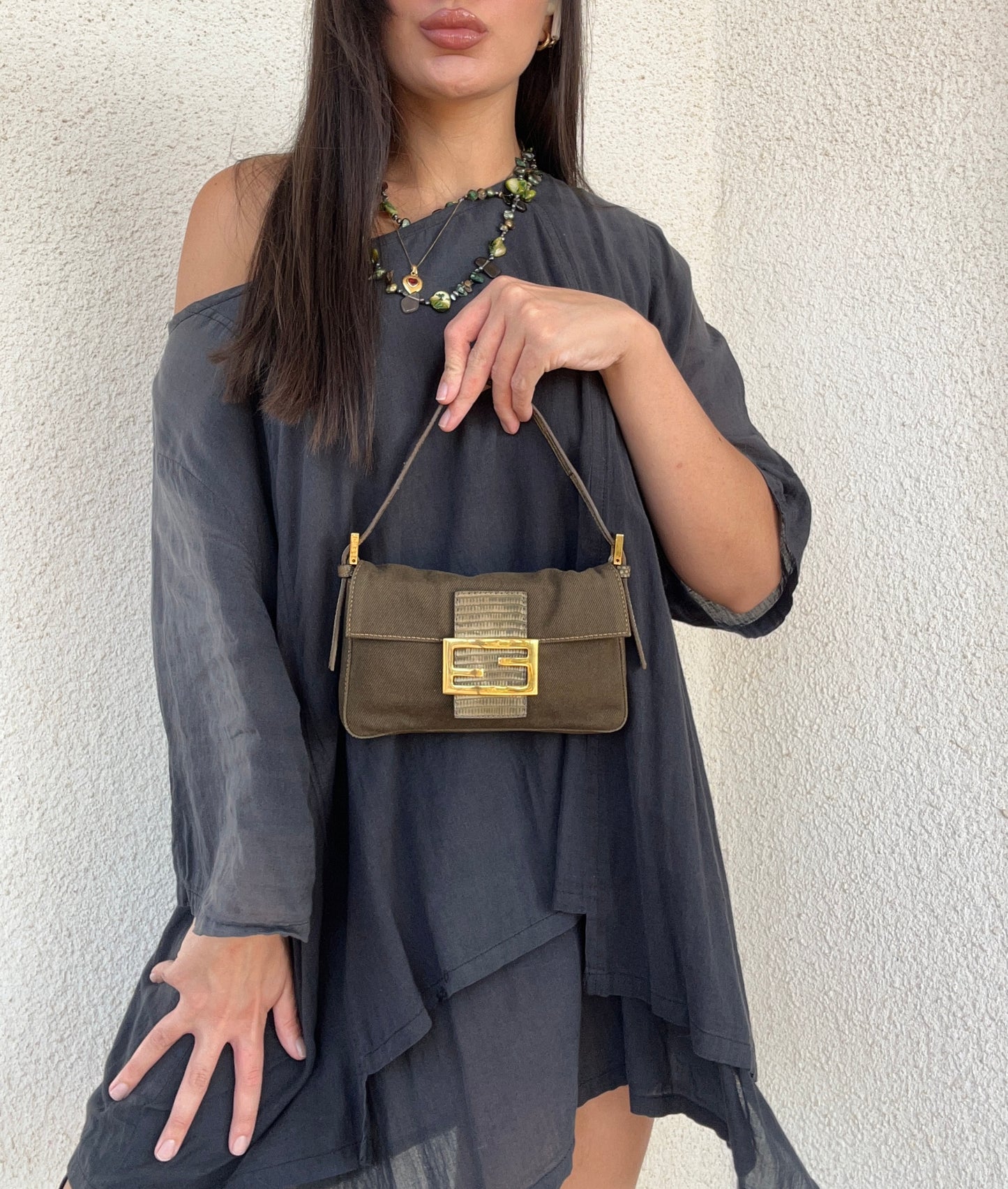 Fendi mini baguette verde oliva in pelle di pitone - Pezzo unico