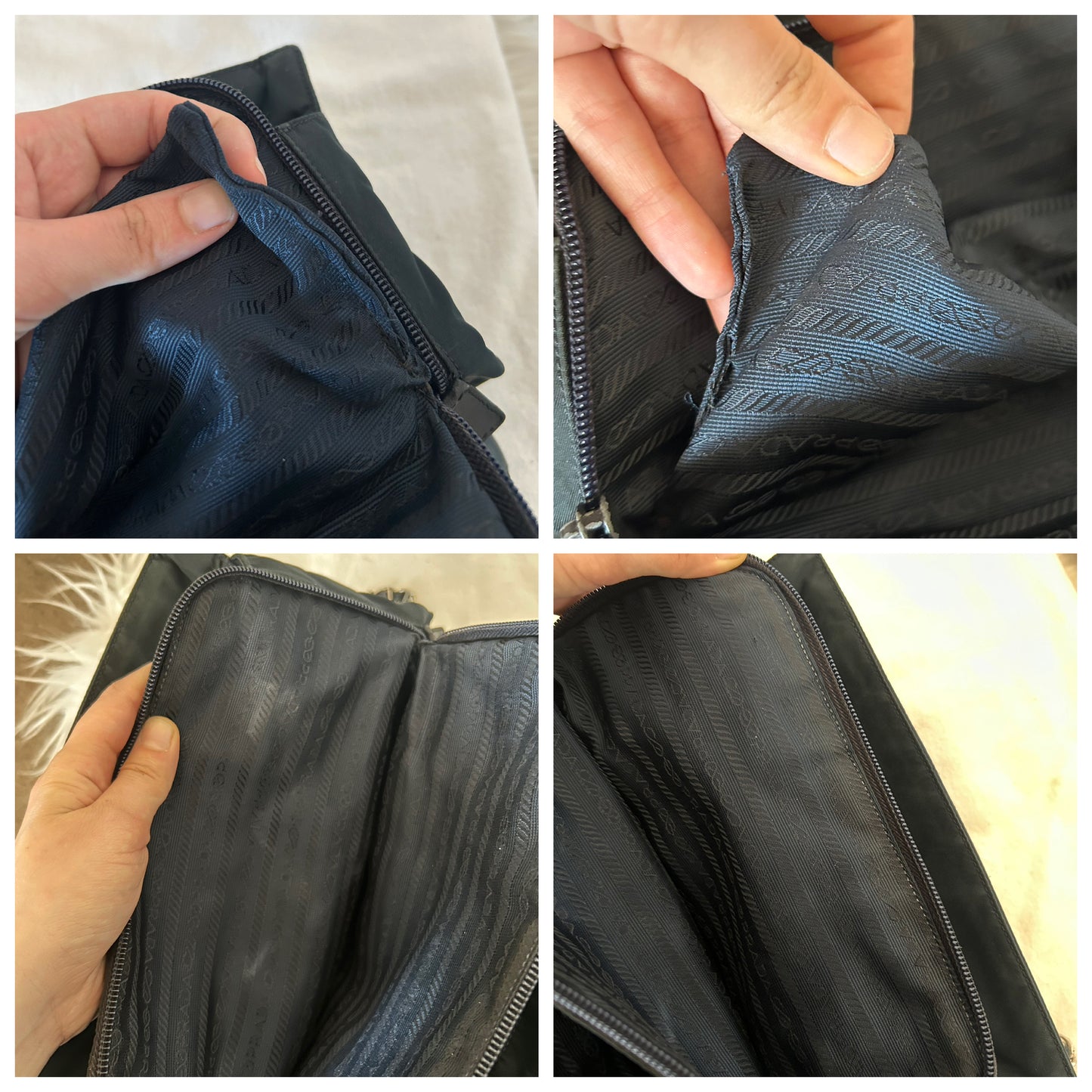 Prada tote con catene in nylon blu scuro