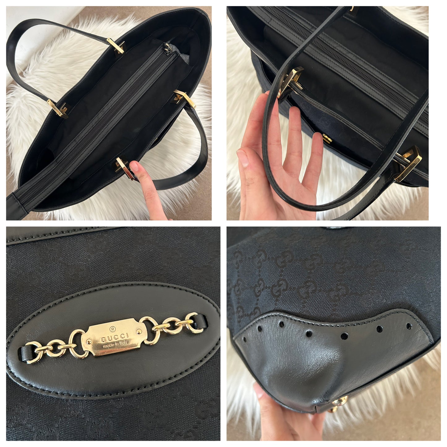 Gucci tote bag in pelle nera e monogram