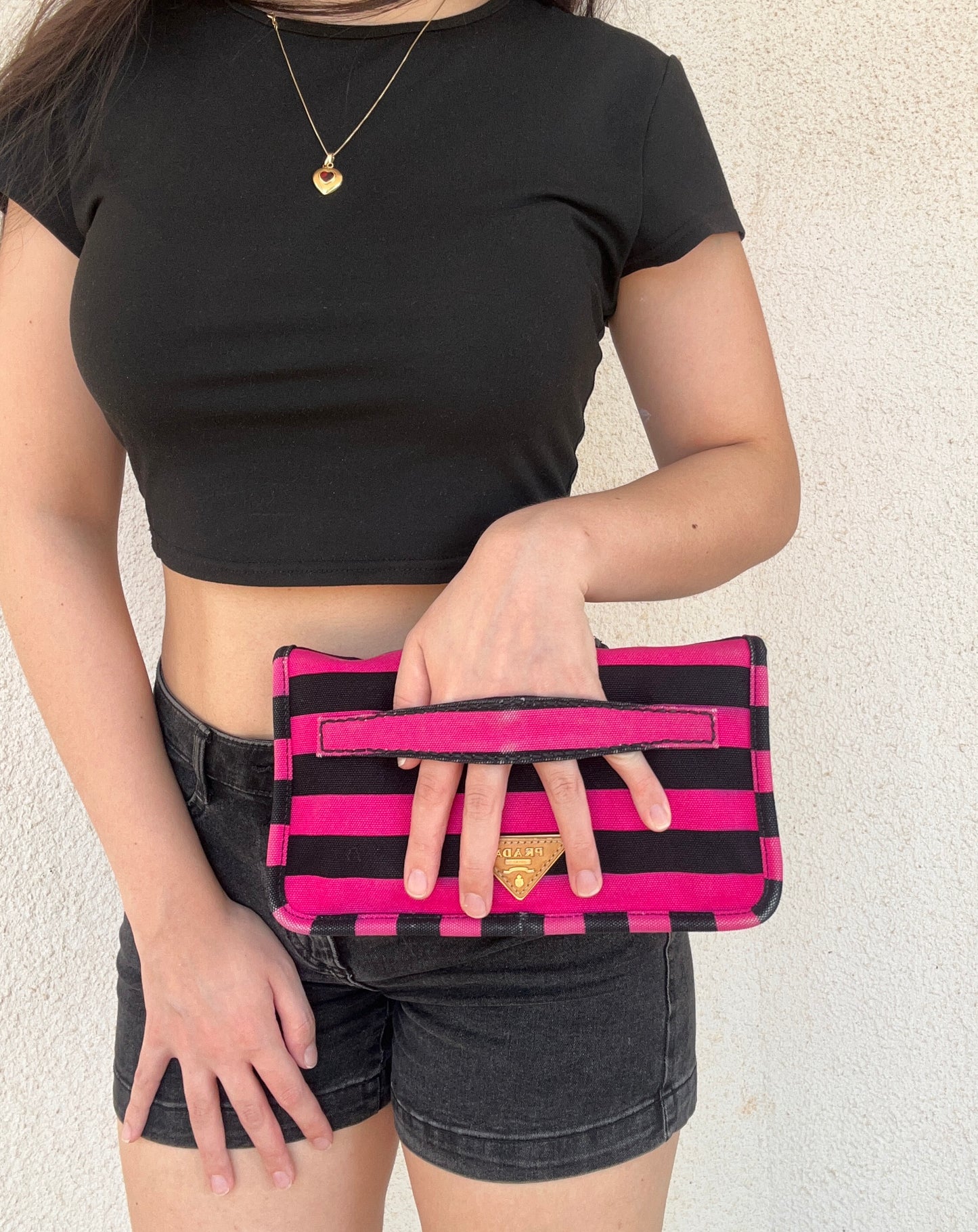 Prada Pochette a righe in tela e pelle
