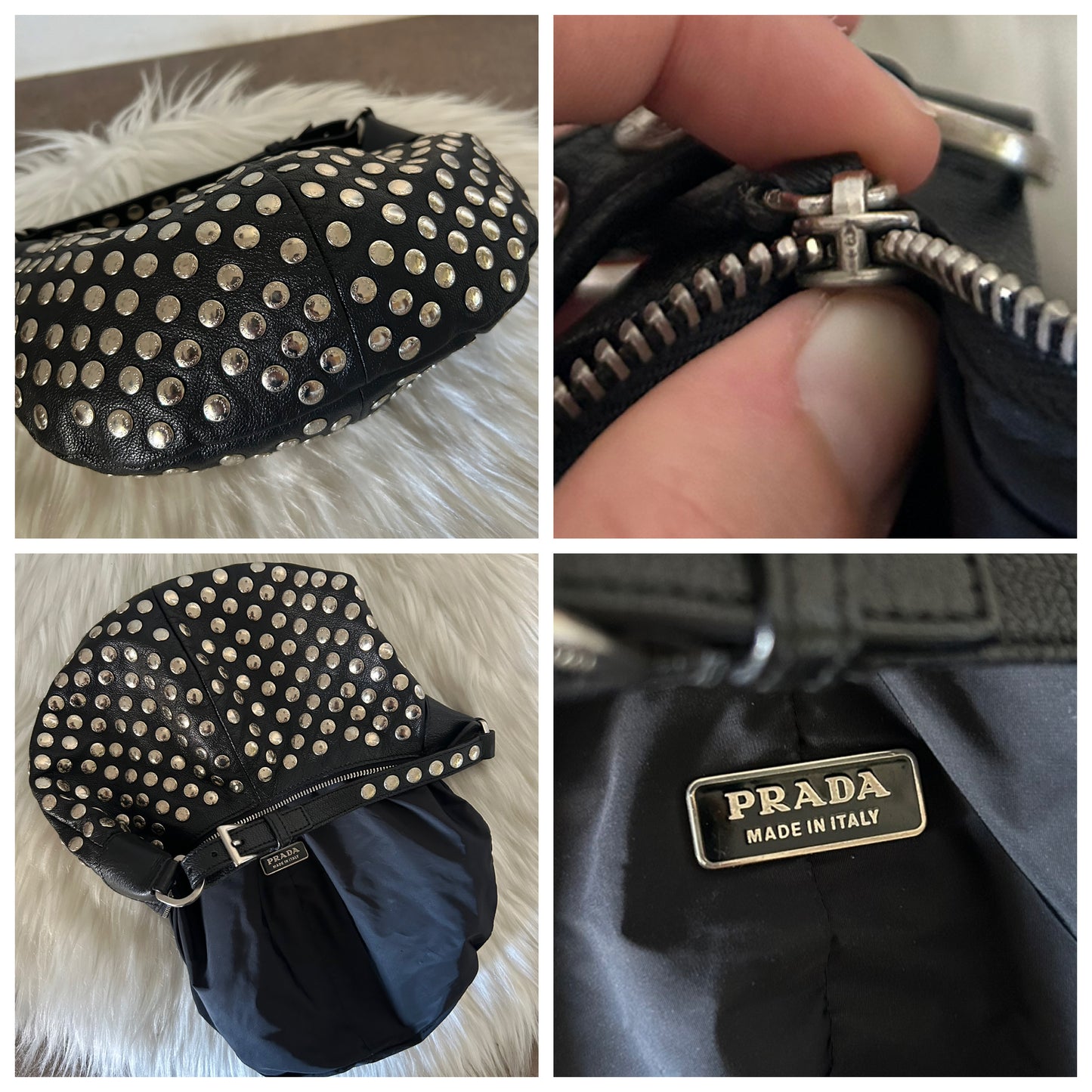 Prada Arqué in pelle nera con borchie logate