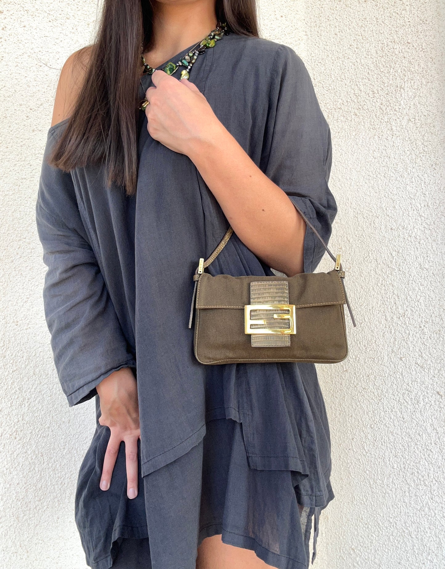 Fendi mini baguette verde oliva in pelle di pitone - Pezzo unico