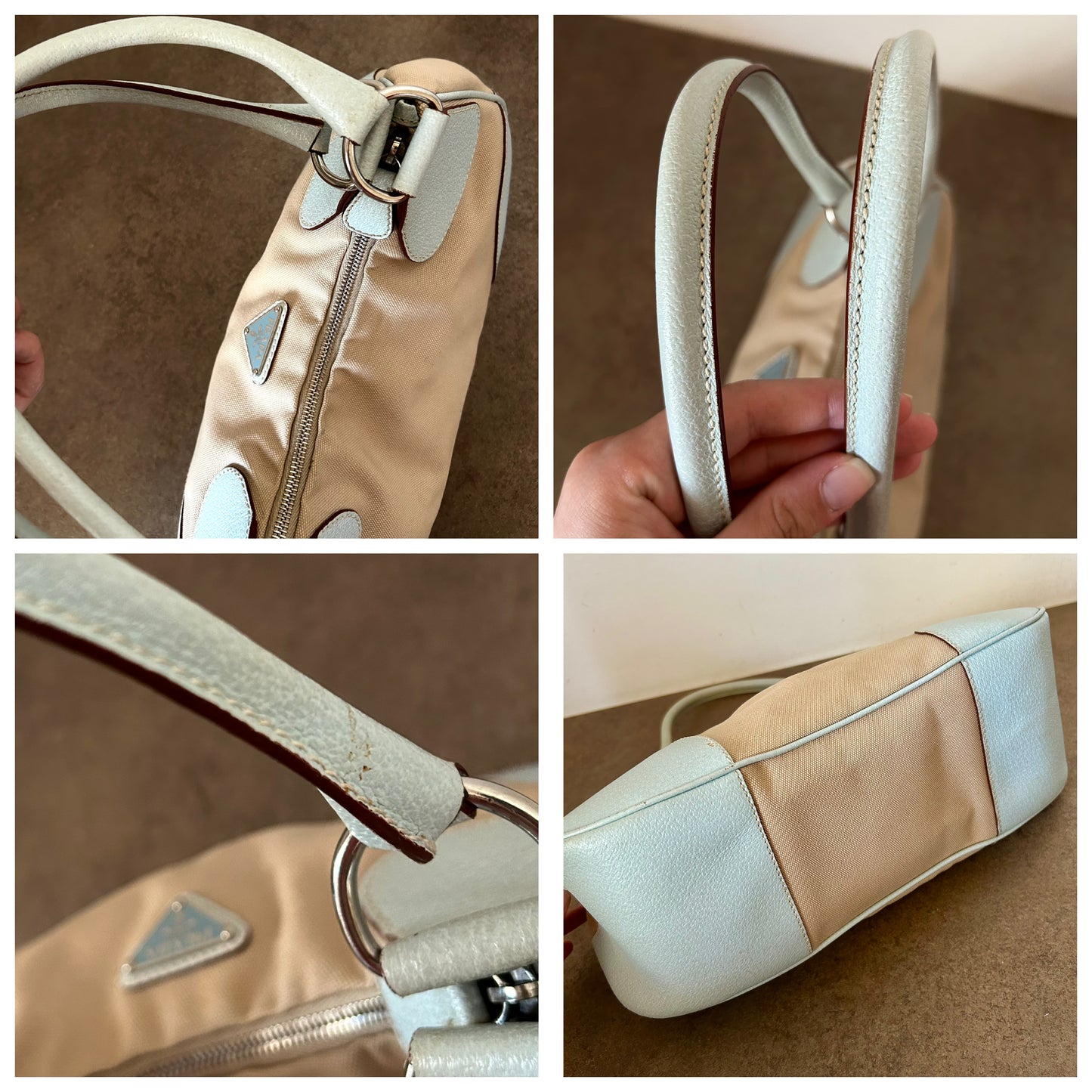 Prada Moon in tela beige e angoli e manico in pelle ciano