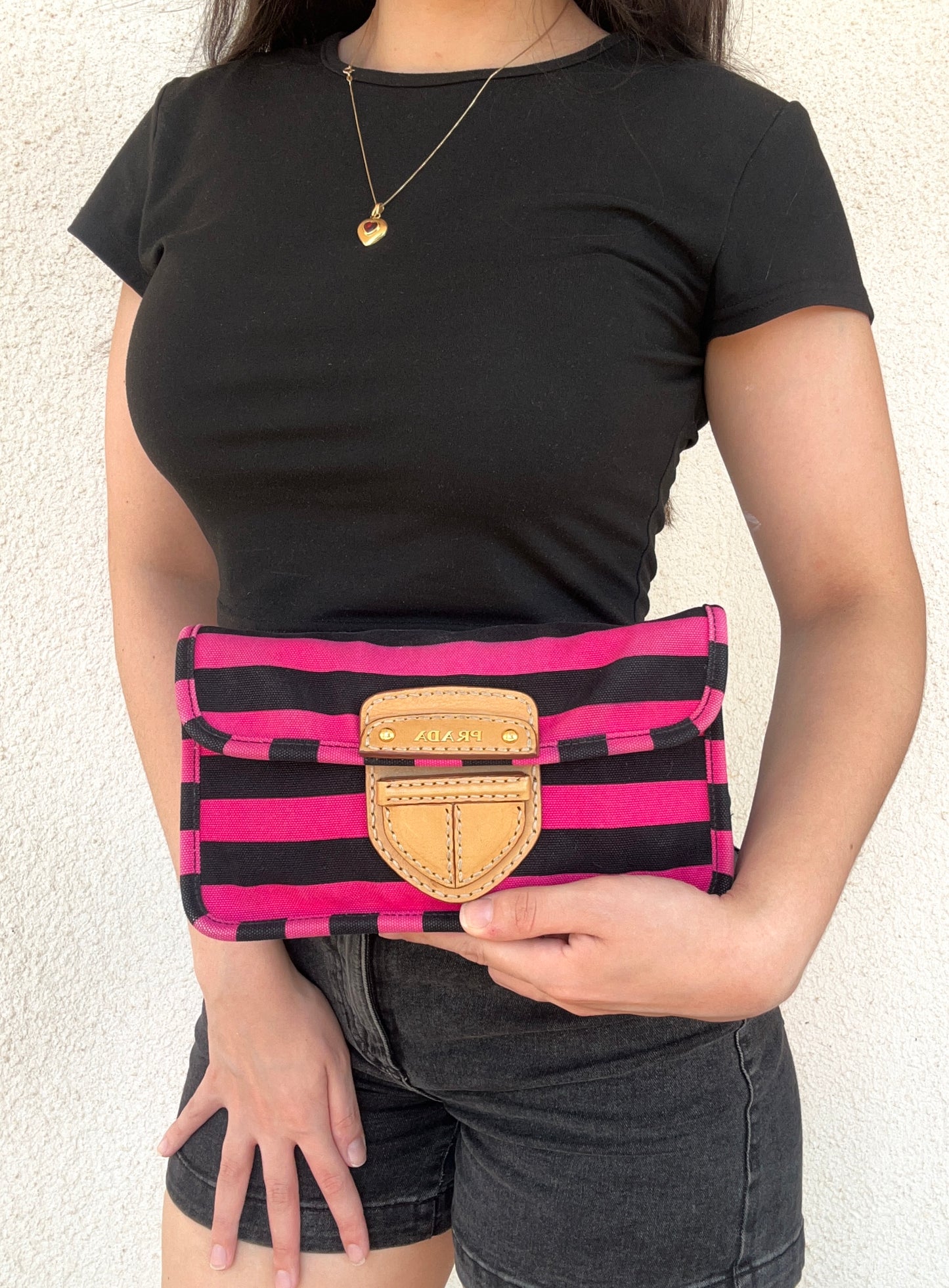 Prada Pochette a righe in tela e pelle