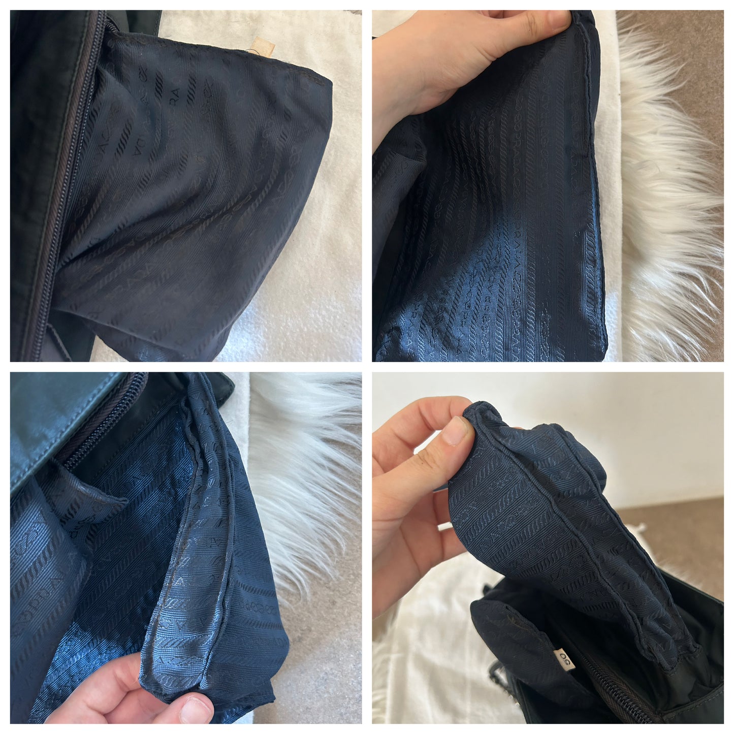 Prada tote con catene in nylon blu scuro