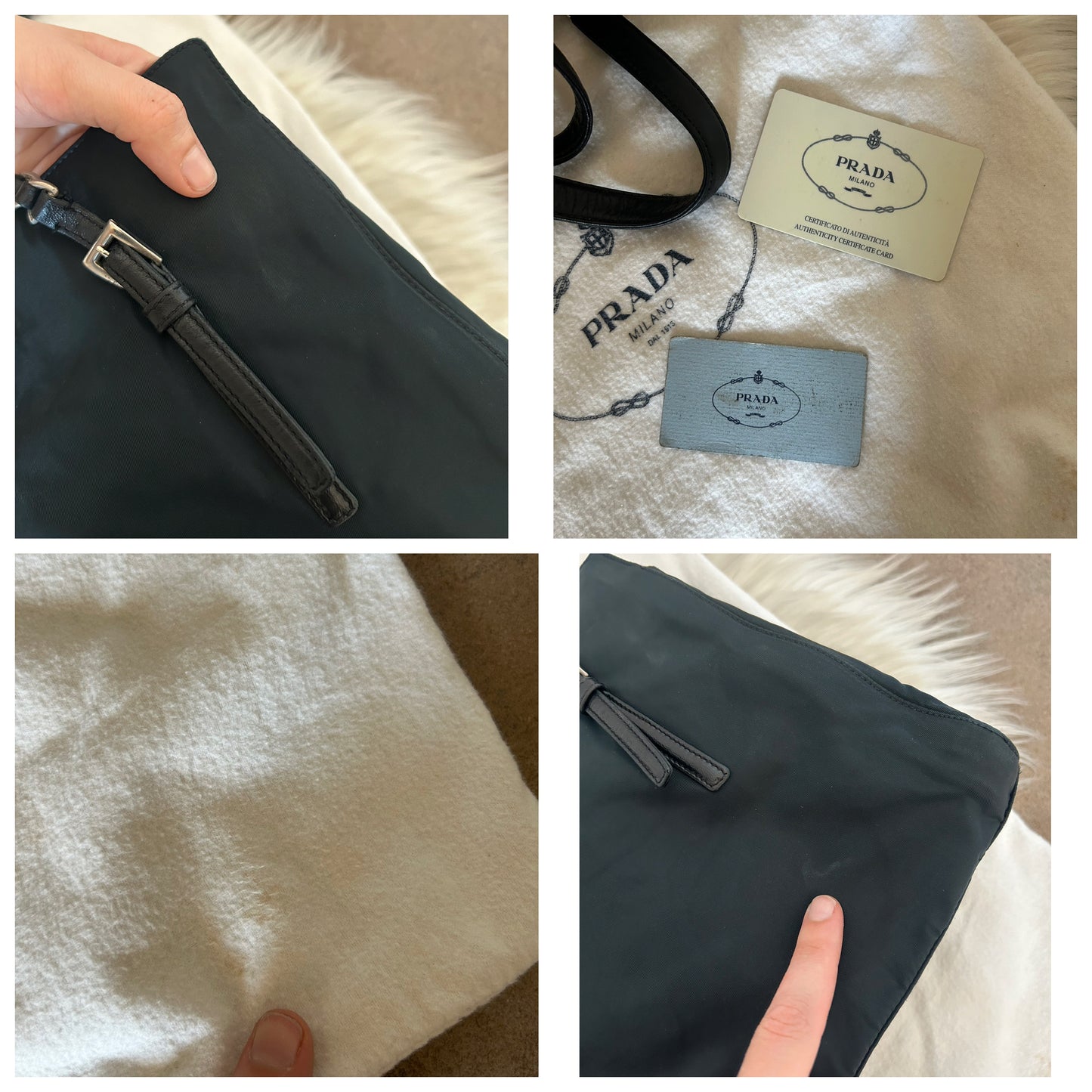 Prada tote con catene in nylon blu scuro