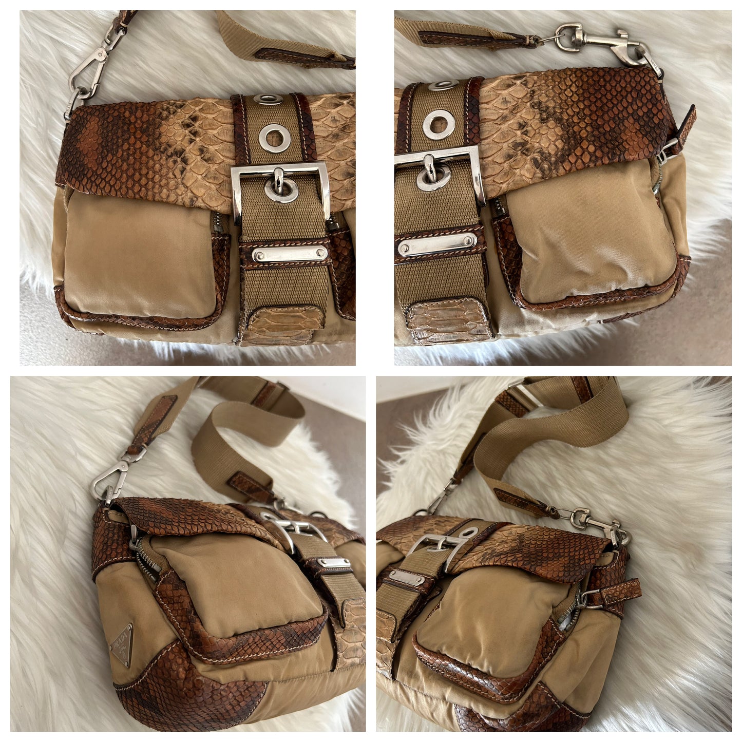 Prada Multipocket baguette in pelle di pitone e nylon