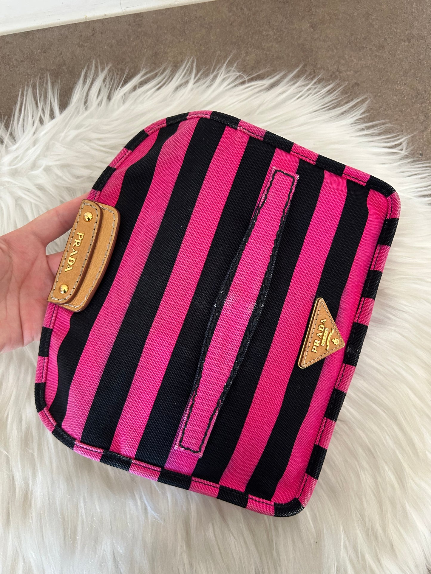 Prada Pochette a righe in tela e pelle