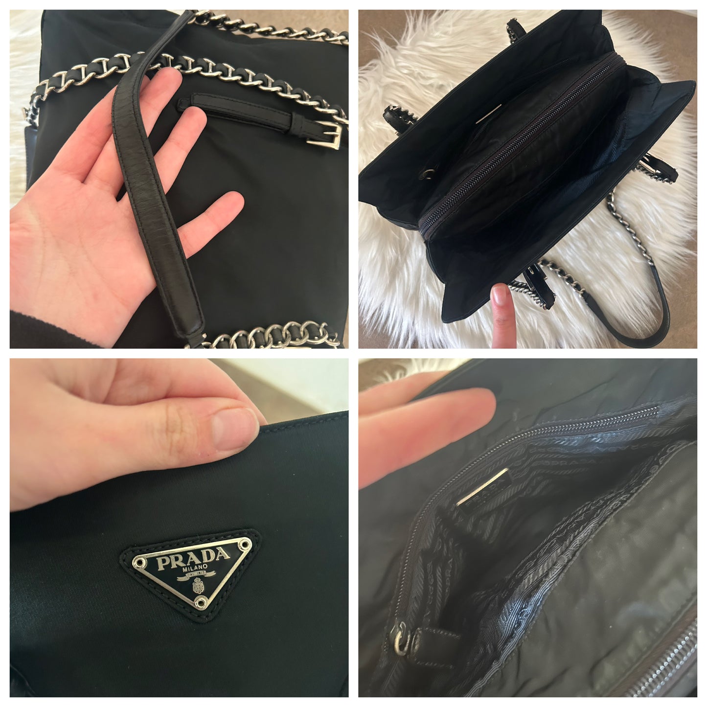 Prada tote in tela nera con catene