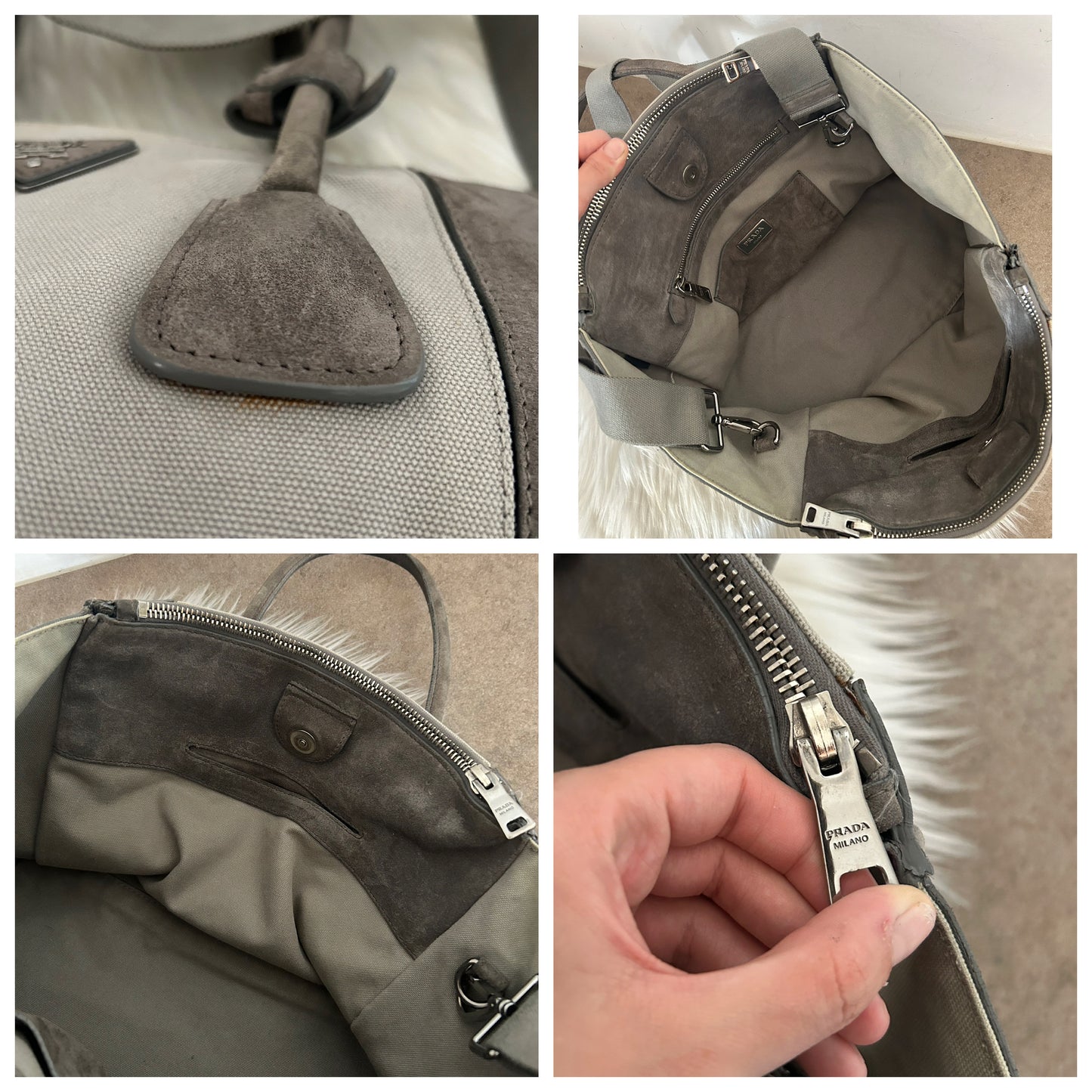 Prada tote bag grigia in tela e camoscio