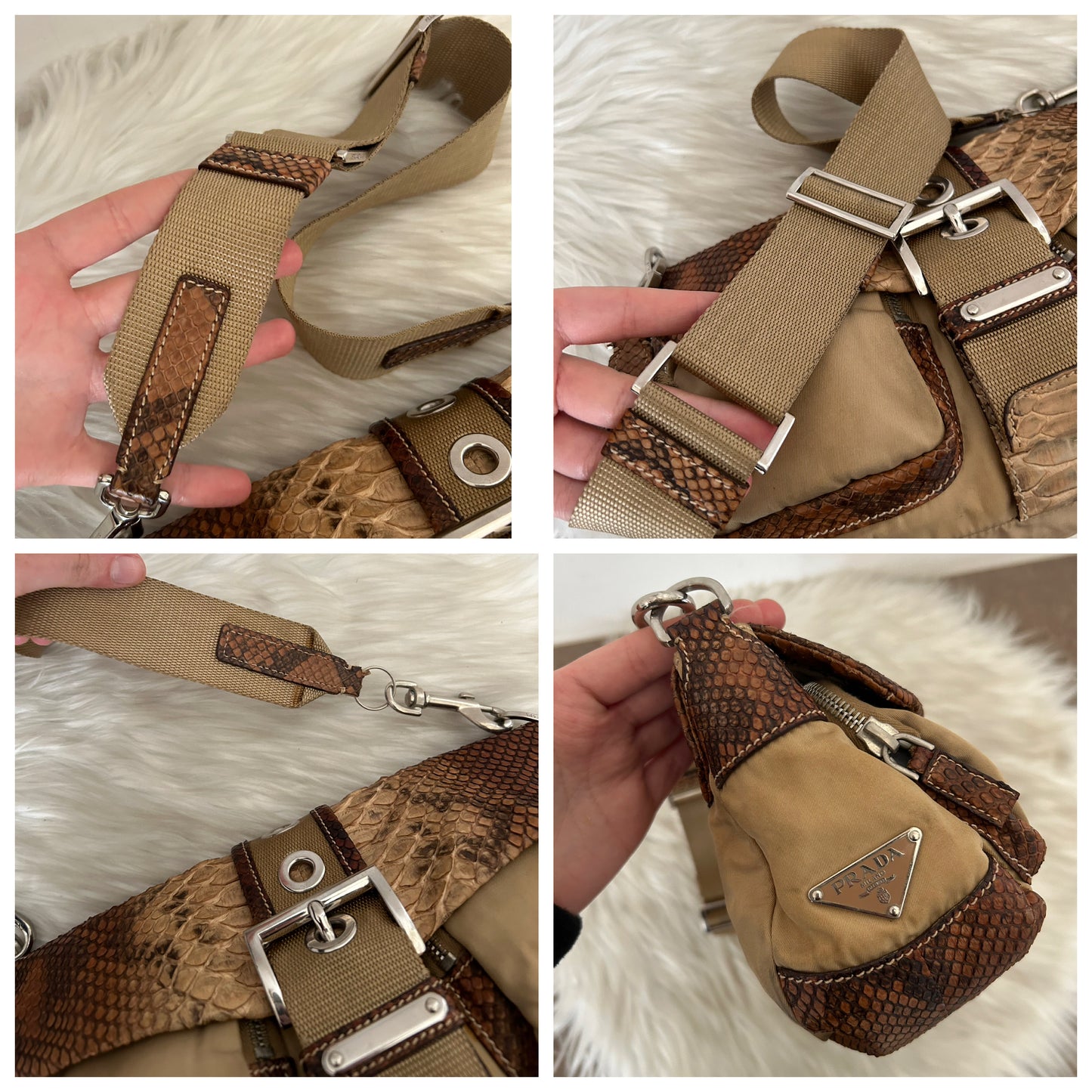 Prada Multipocket baguette in pelle di pitone e nylon