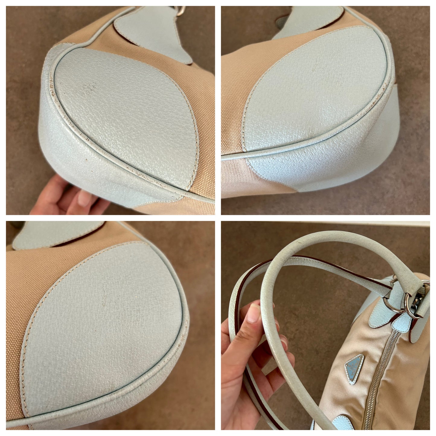 Prada Moon in tela beige e angoli e manico in pelle ciano