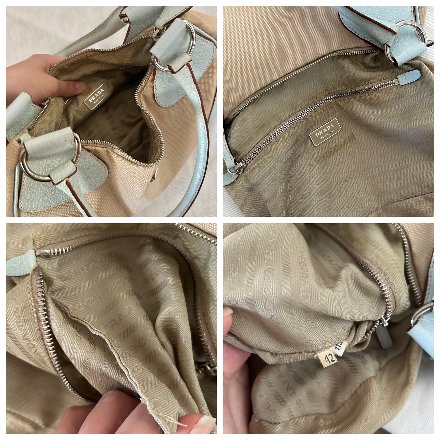 Prada Moon in tela beige e angoli e manico in pelle ciano