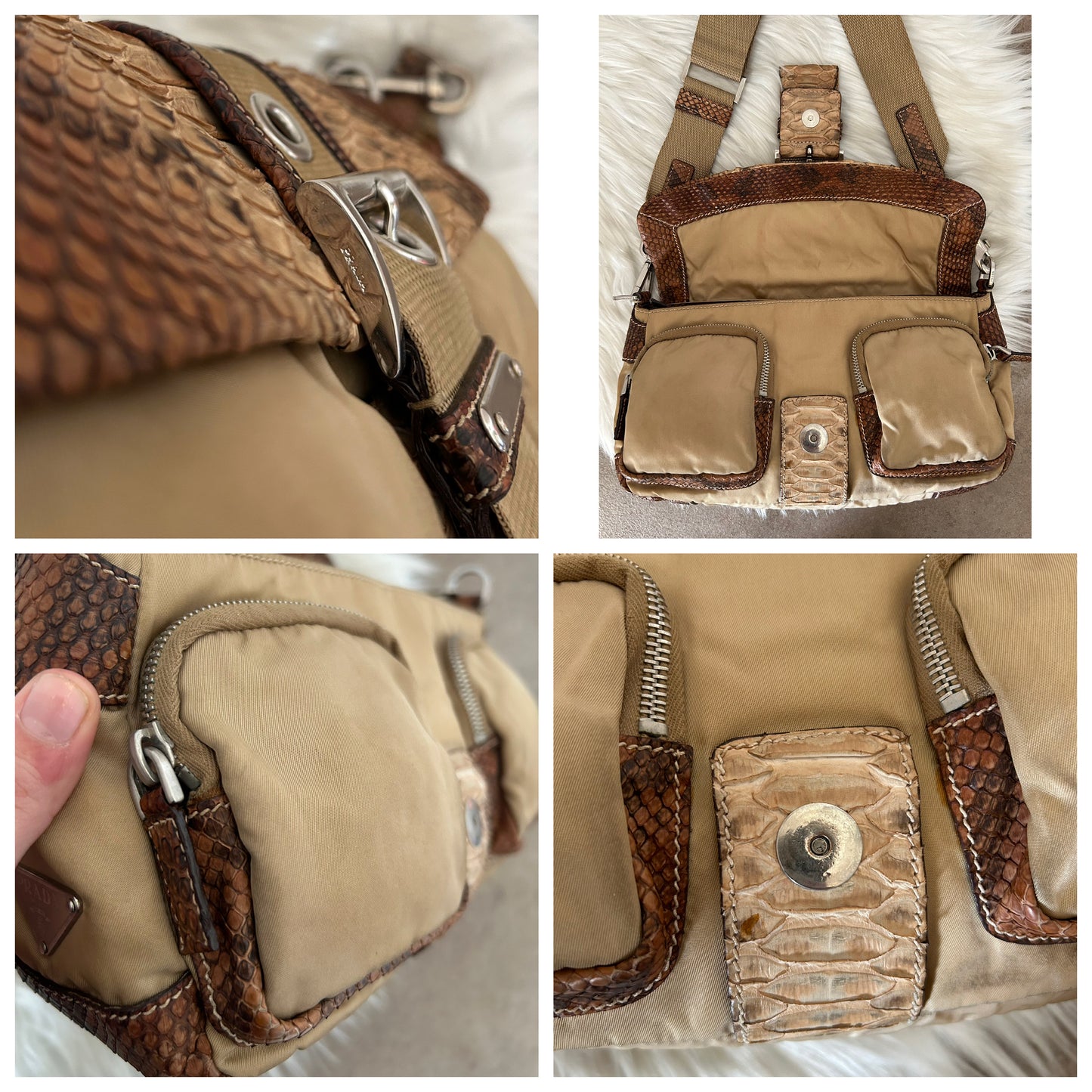 Prada Multipocket baguette in pelle di pitone e nylon
