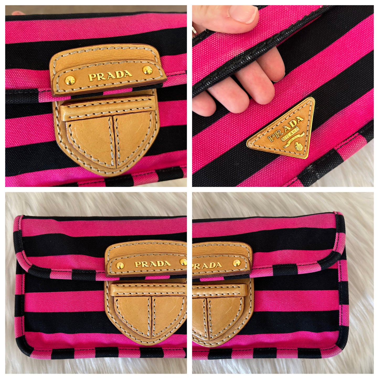 Prada Pochette a righe in tela e pelle