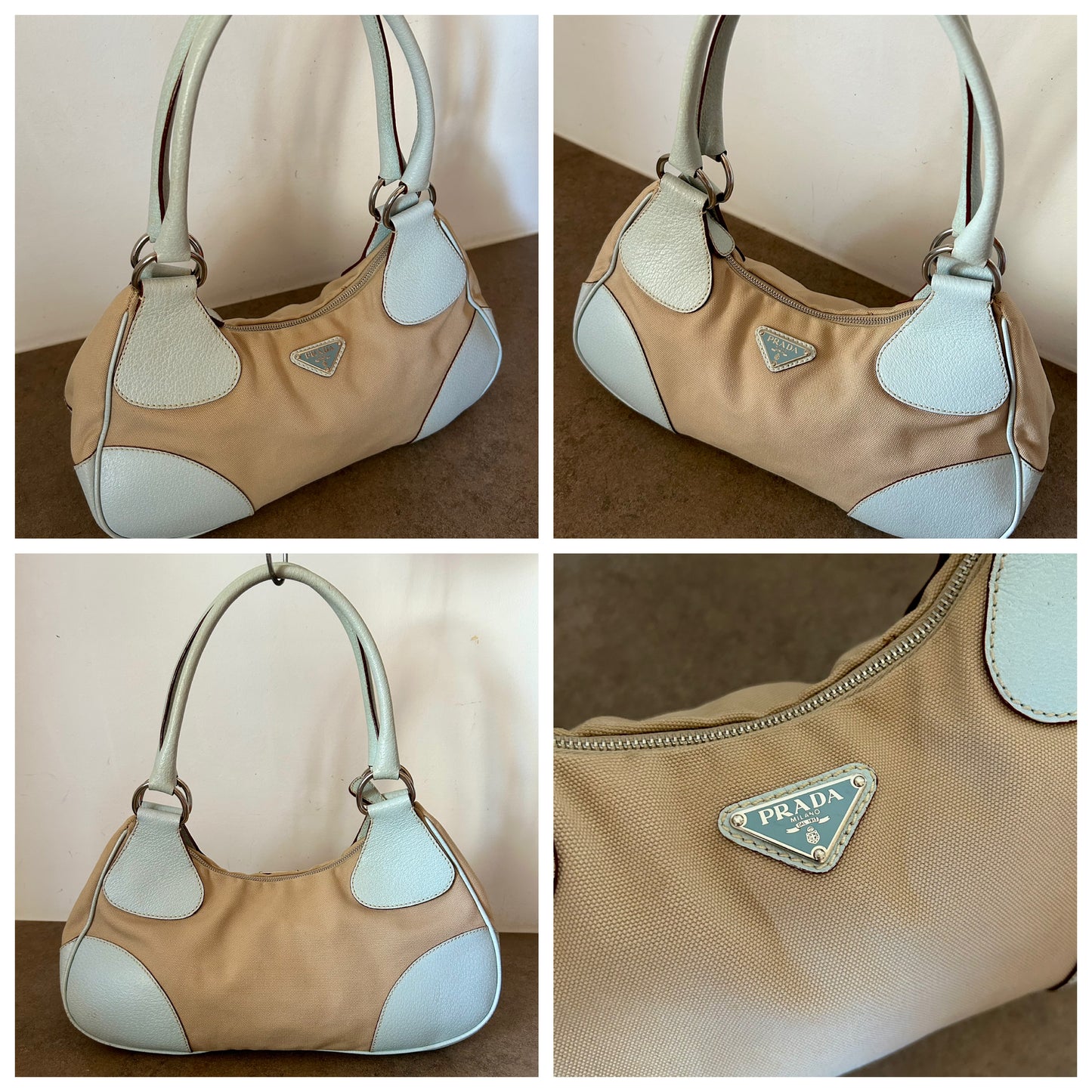 Prada Moon in tela beige e angoli e manico in pelle ciano