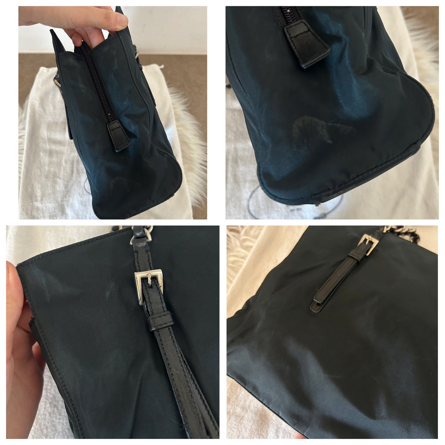 Prada tote con catene in nylon blu scuro
