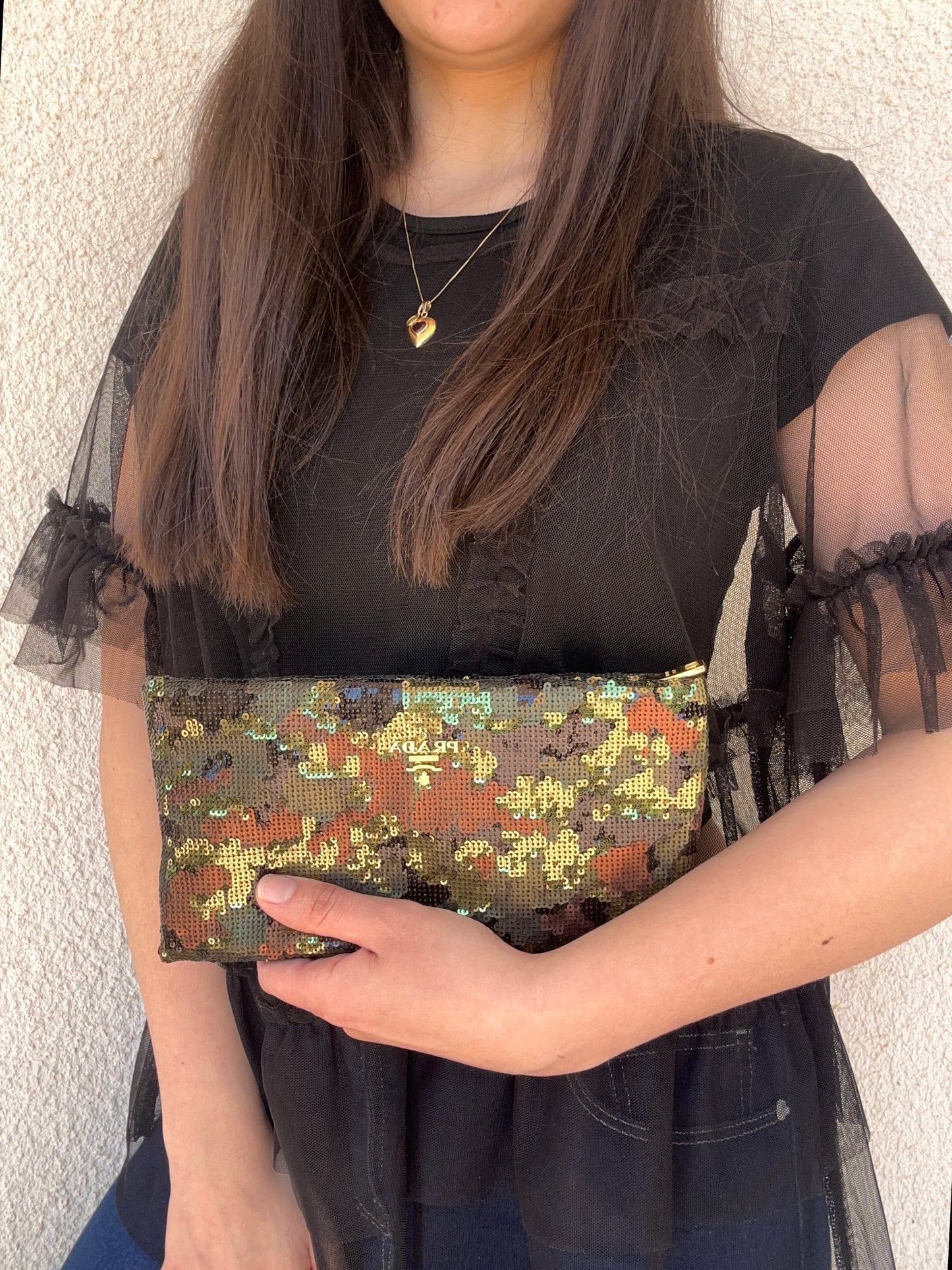 Prada Pochette con paillettes fantasia militare