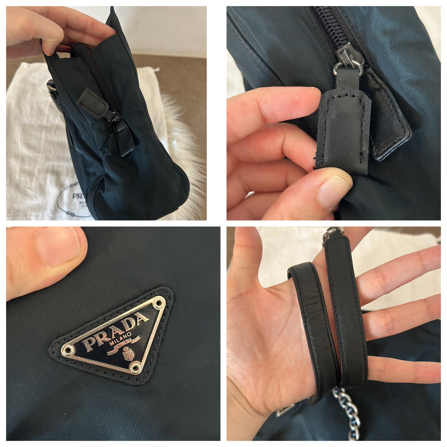 Prada tote con catene in nylon blu scuro