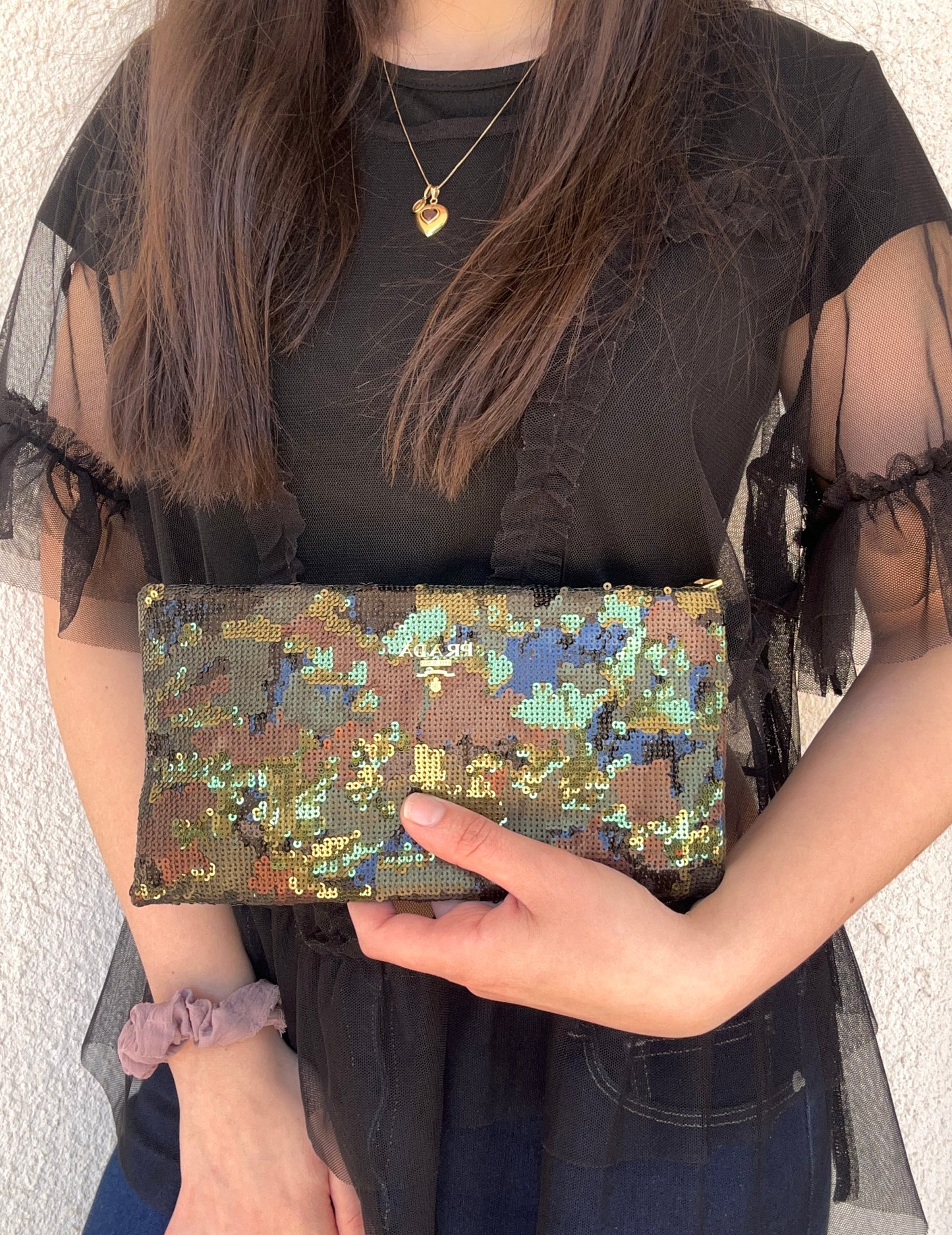 Prada Pochette con paillettes fantasia militare