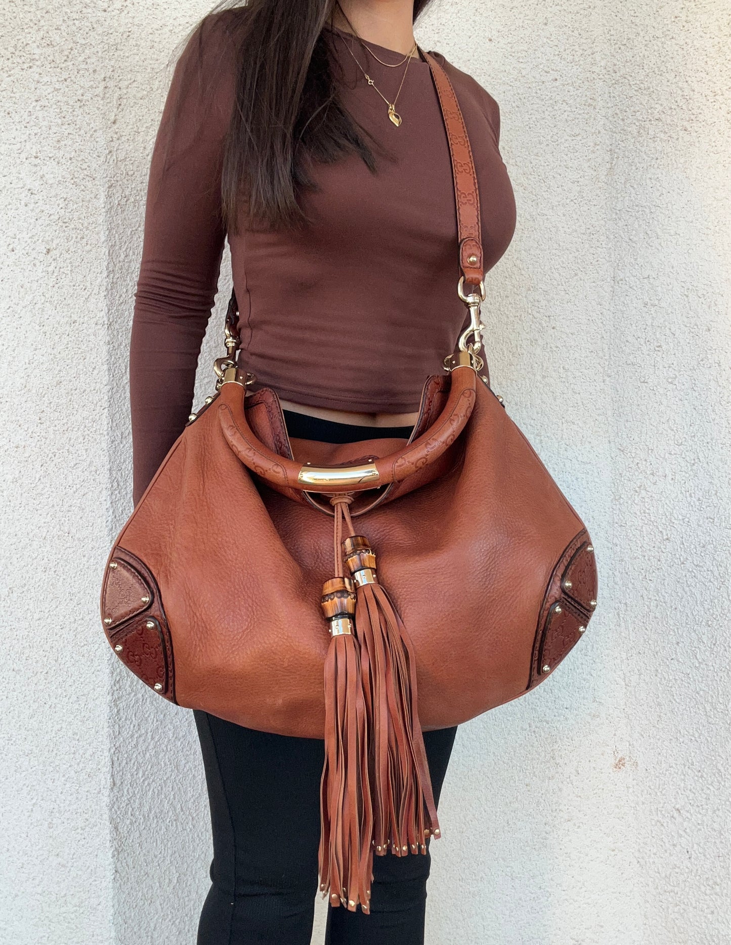 Gucci Indy hobo misura grande in pelle marrone