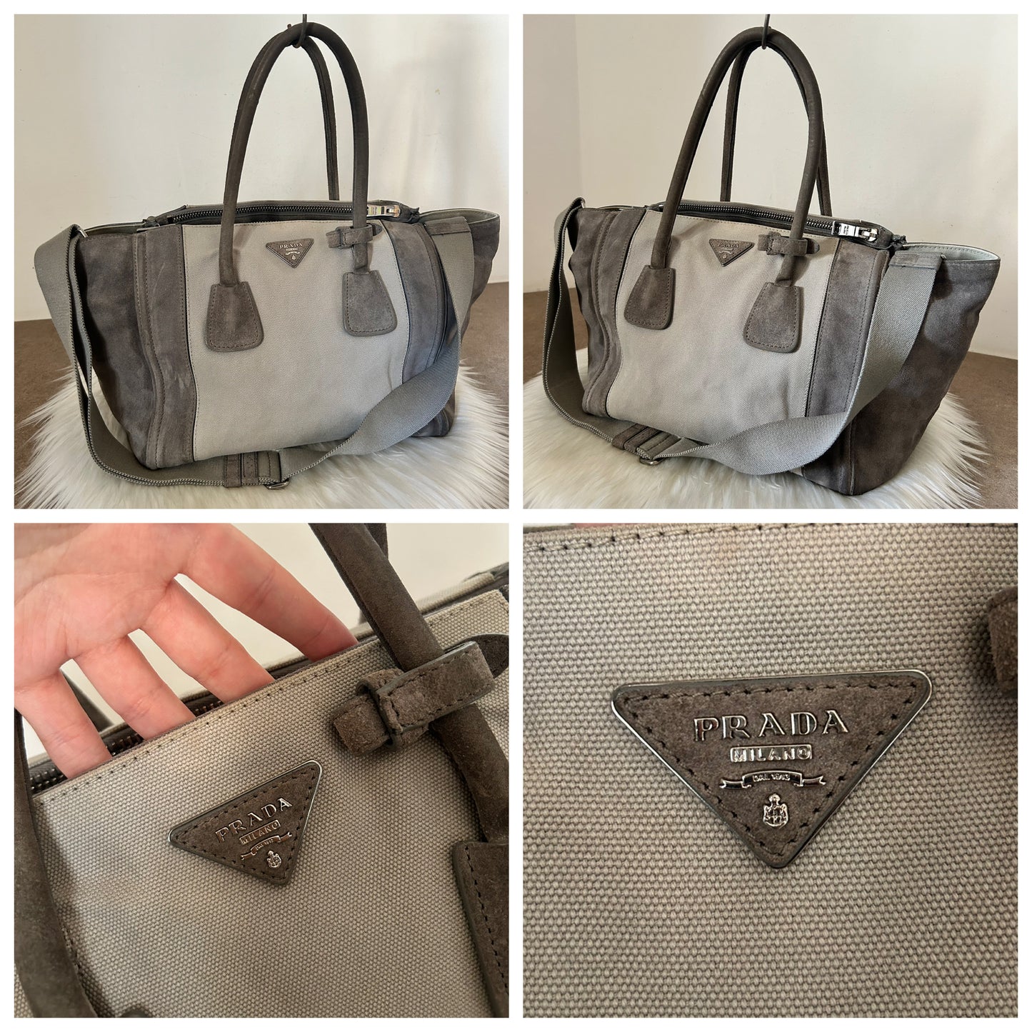 Prada tote bag grigia in tela e camoscio