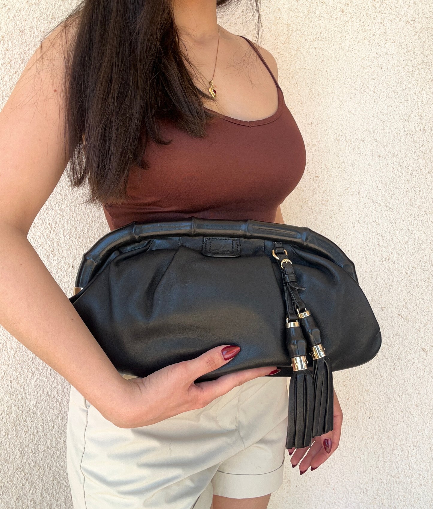 Pochette Gucci Bamboo in pelle nera