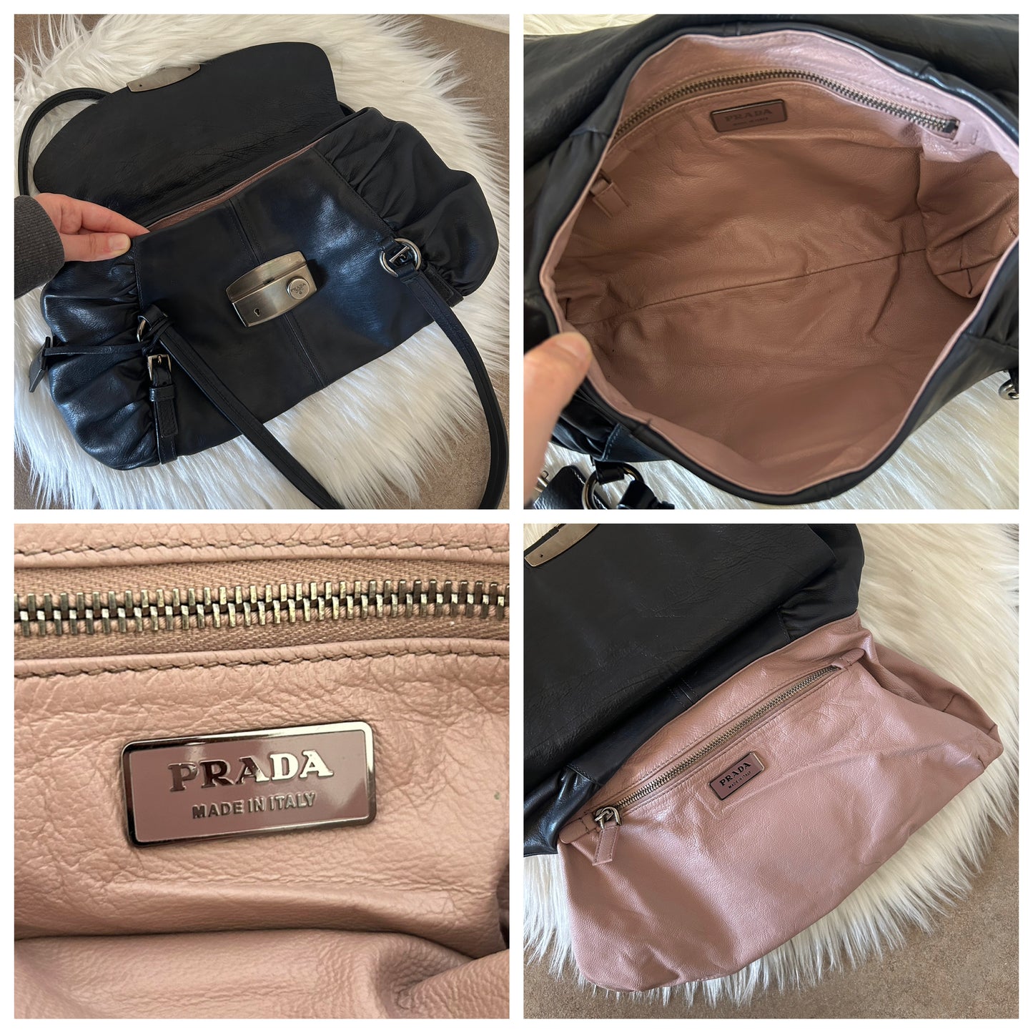 Prada tote in pelle nera di agnello e interni rosa