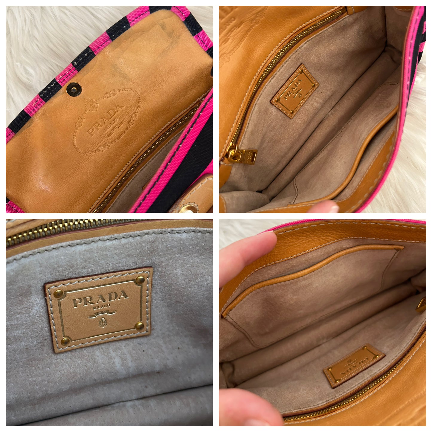 Prada Pochette a righe in tela e pelle