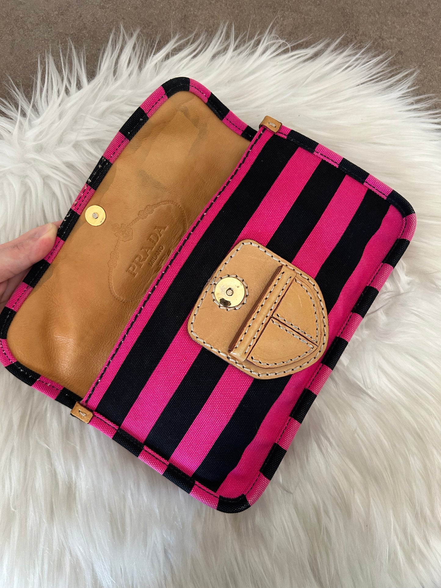 Prada Pochette a righe in tela e pelle