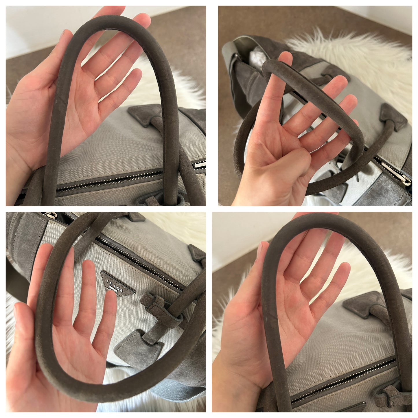 Prada tote bag grigia in tela e camoscio