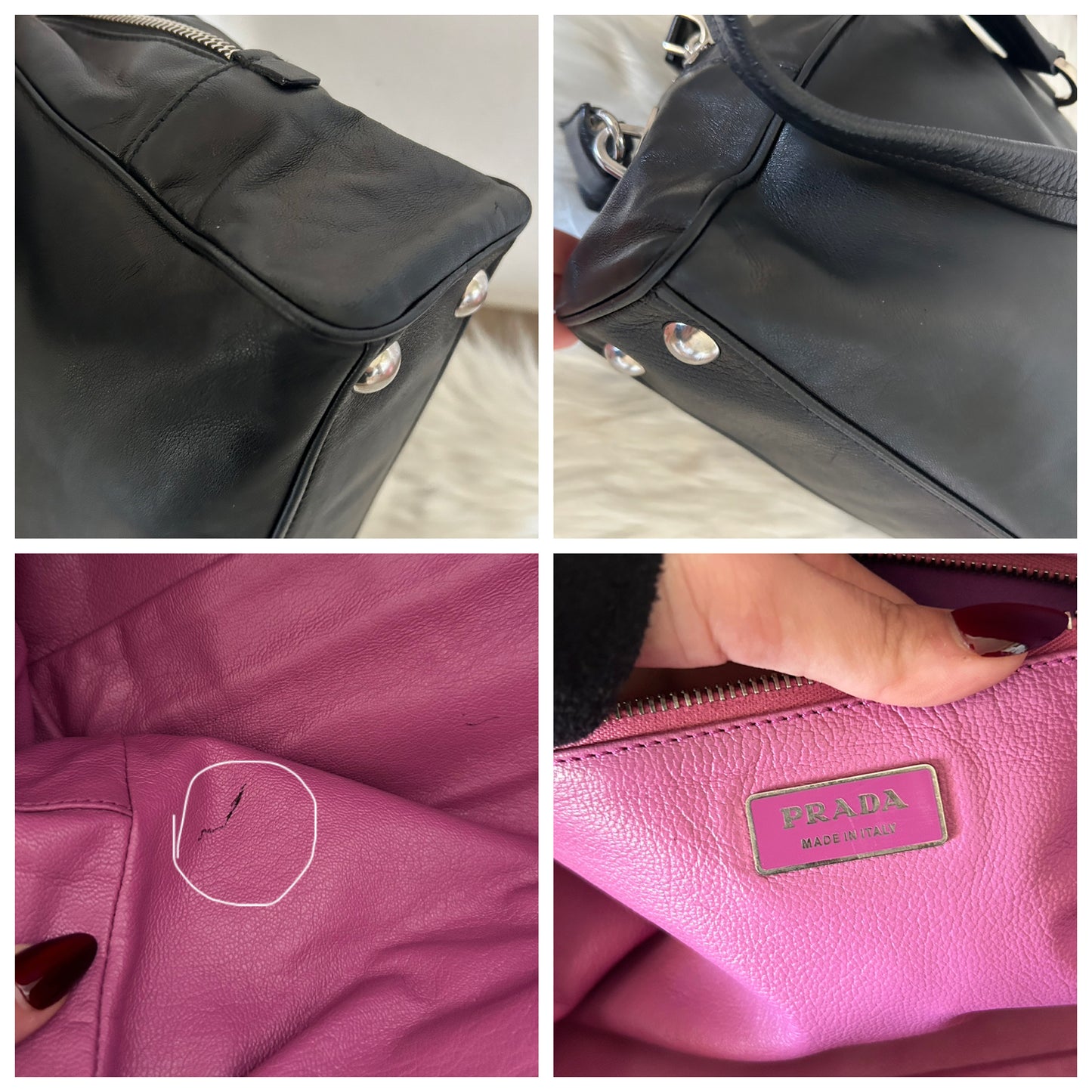 Prada tote bag in pelle nera e interni rosa