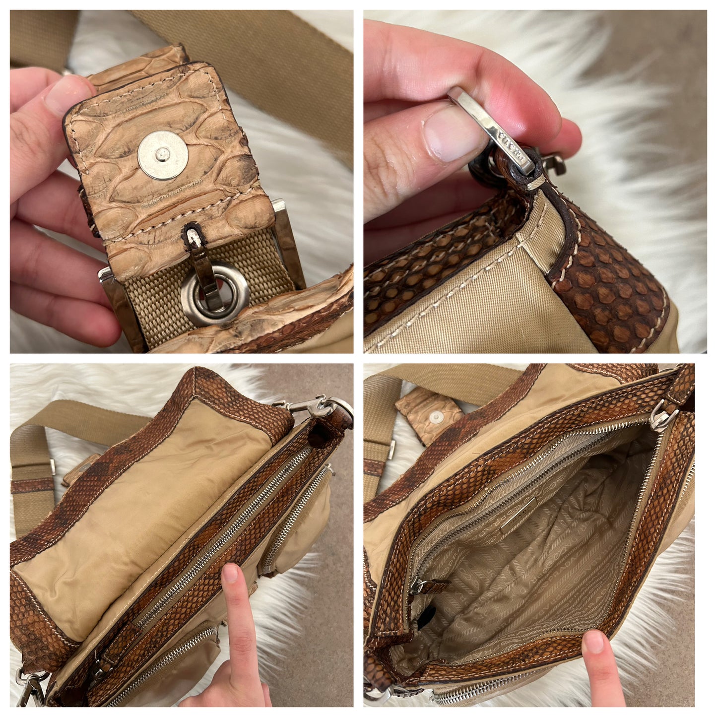 Prada Multipocket baguette in pelle di pitone e nylon