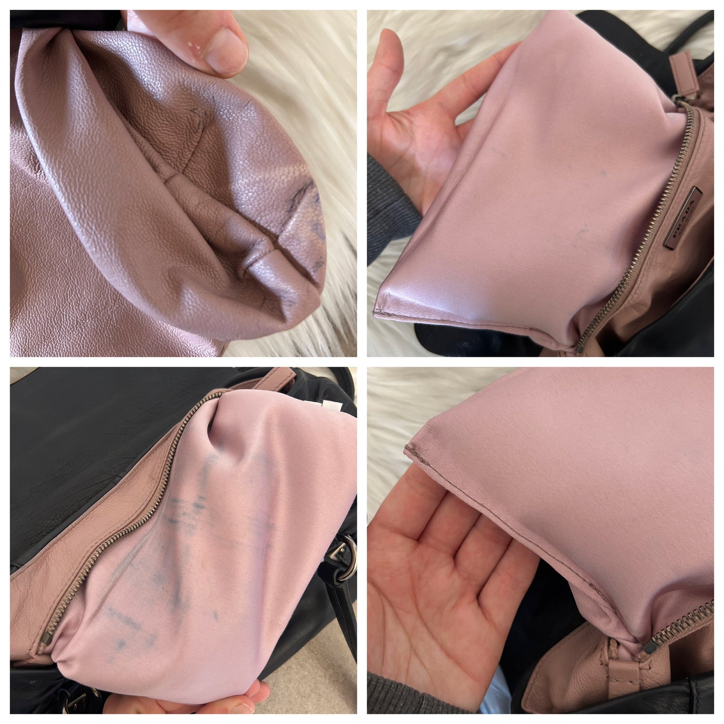 Prada tote in pelle nera di agnello e interni rosa