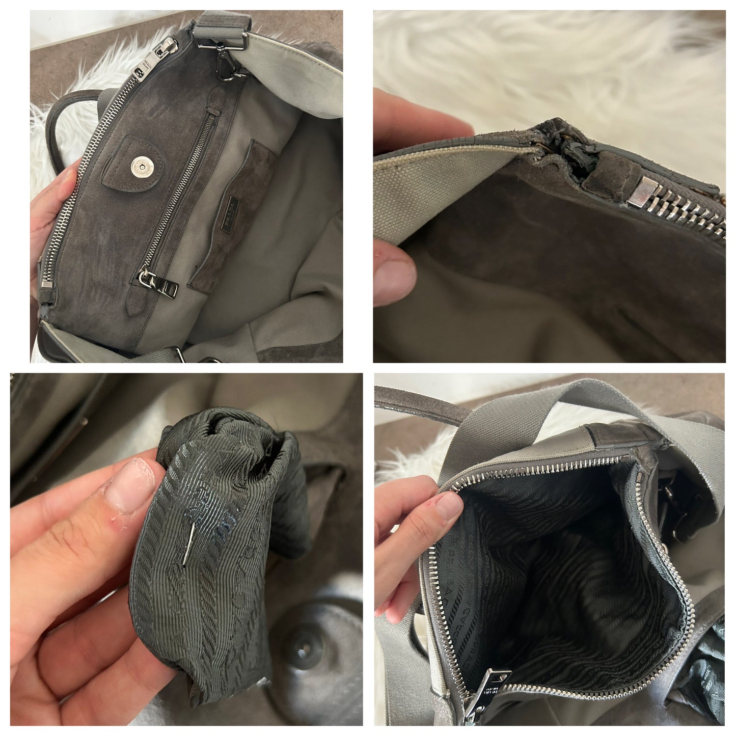 Prada tote bag grigia in tela e camoscio